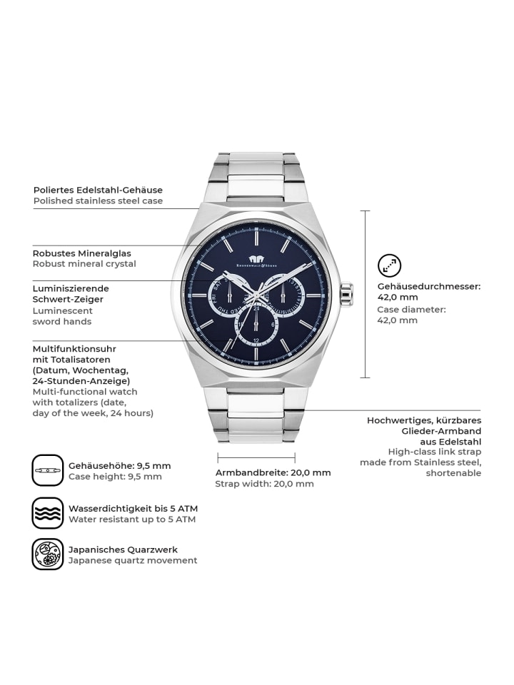 Rhodenwald & Söhne Herren Multifunktionsuhr silber Edelstahl silber in silber günstig kaufen 20 cm