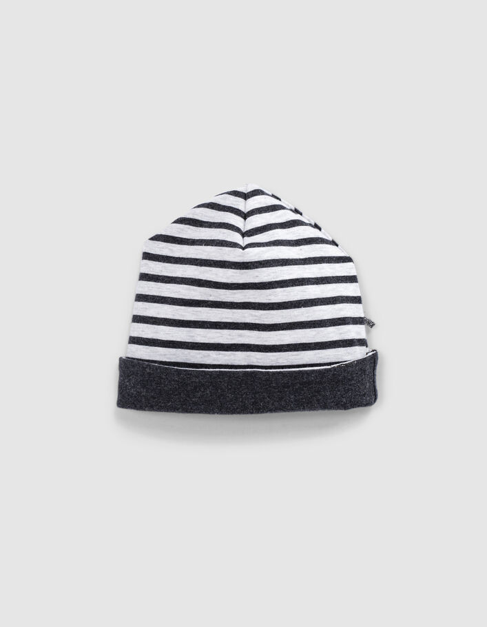 Bonnet réversible gris chiné et rayé coton bio bébé
