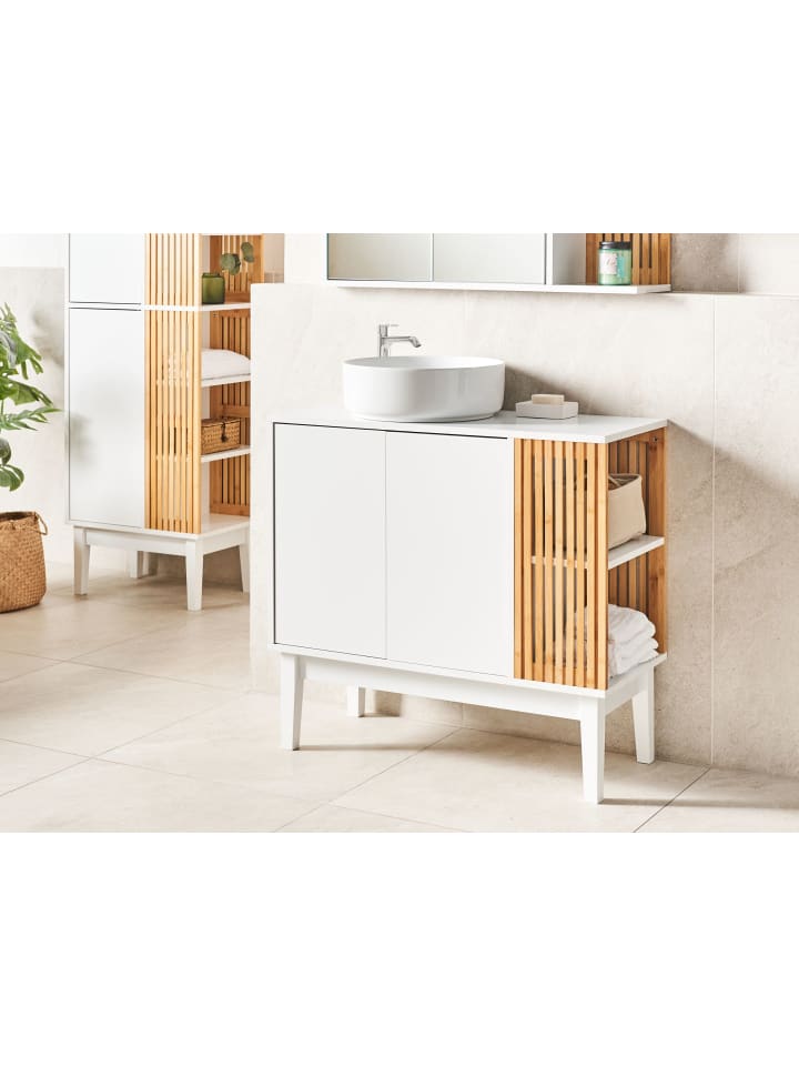 Beliani Badezimmerschrank NUBES in Weiß/Heller Holzfarbton günstig kaufen onesize