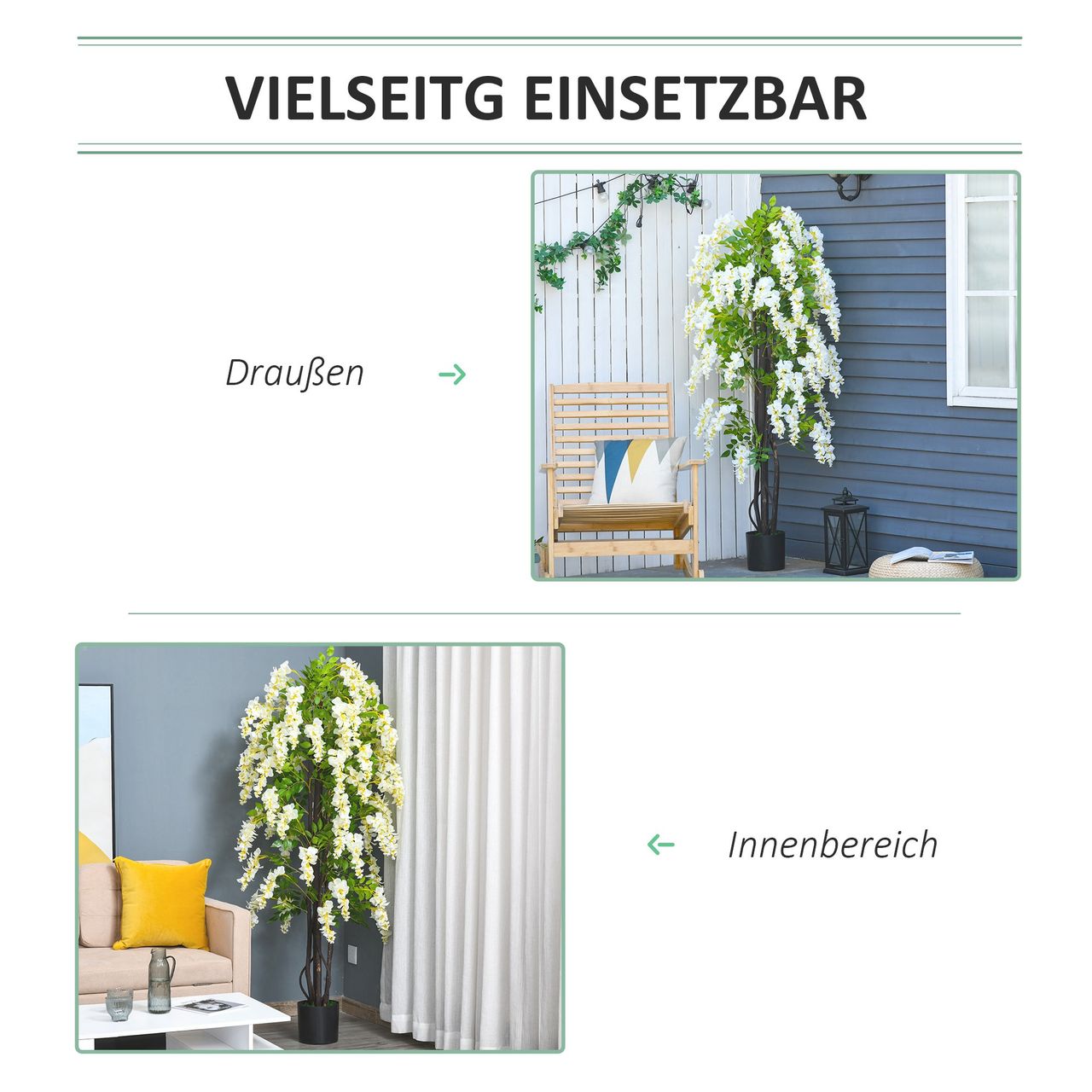Outsunny Kunstpflanze mit weißen Glyzinien Dekoration 1,65 m Kunstbaum Baumdekoration Kunststoff Zement Weiß Grün 24 x 24 x 165 cm