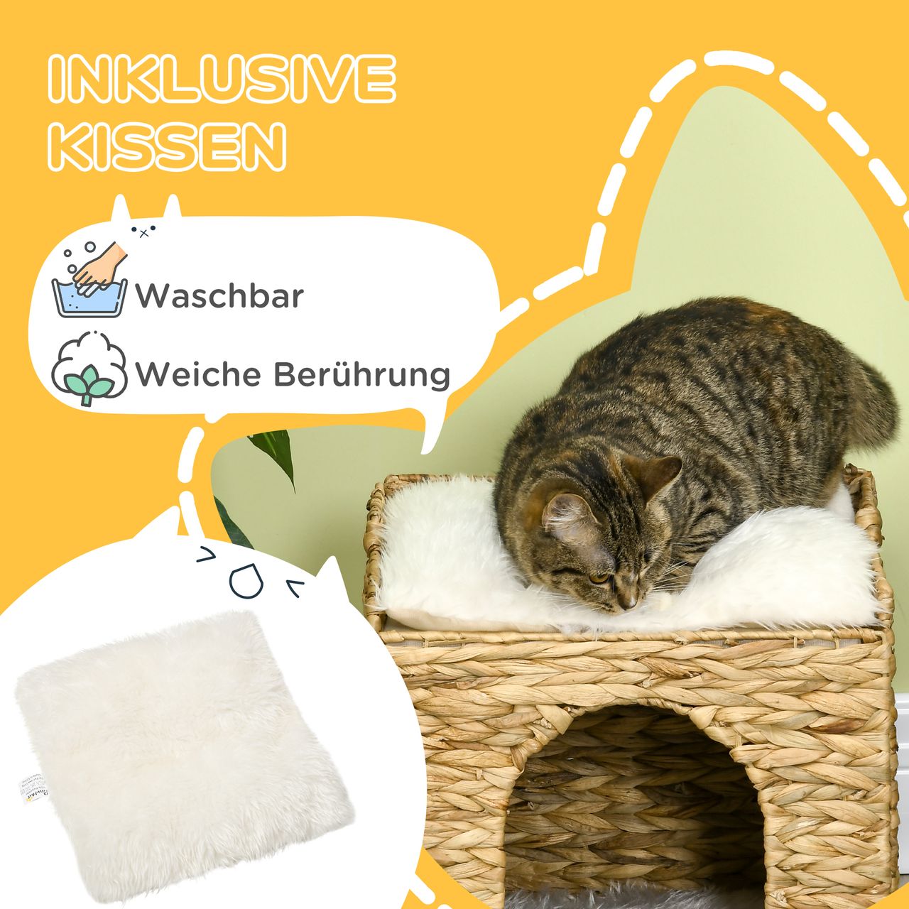 PawHut Rattan Katzenhaus, Katzenhöhle mit Kissen, Katzenhütte mit 2 Ebenen