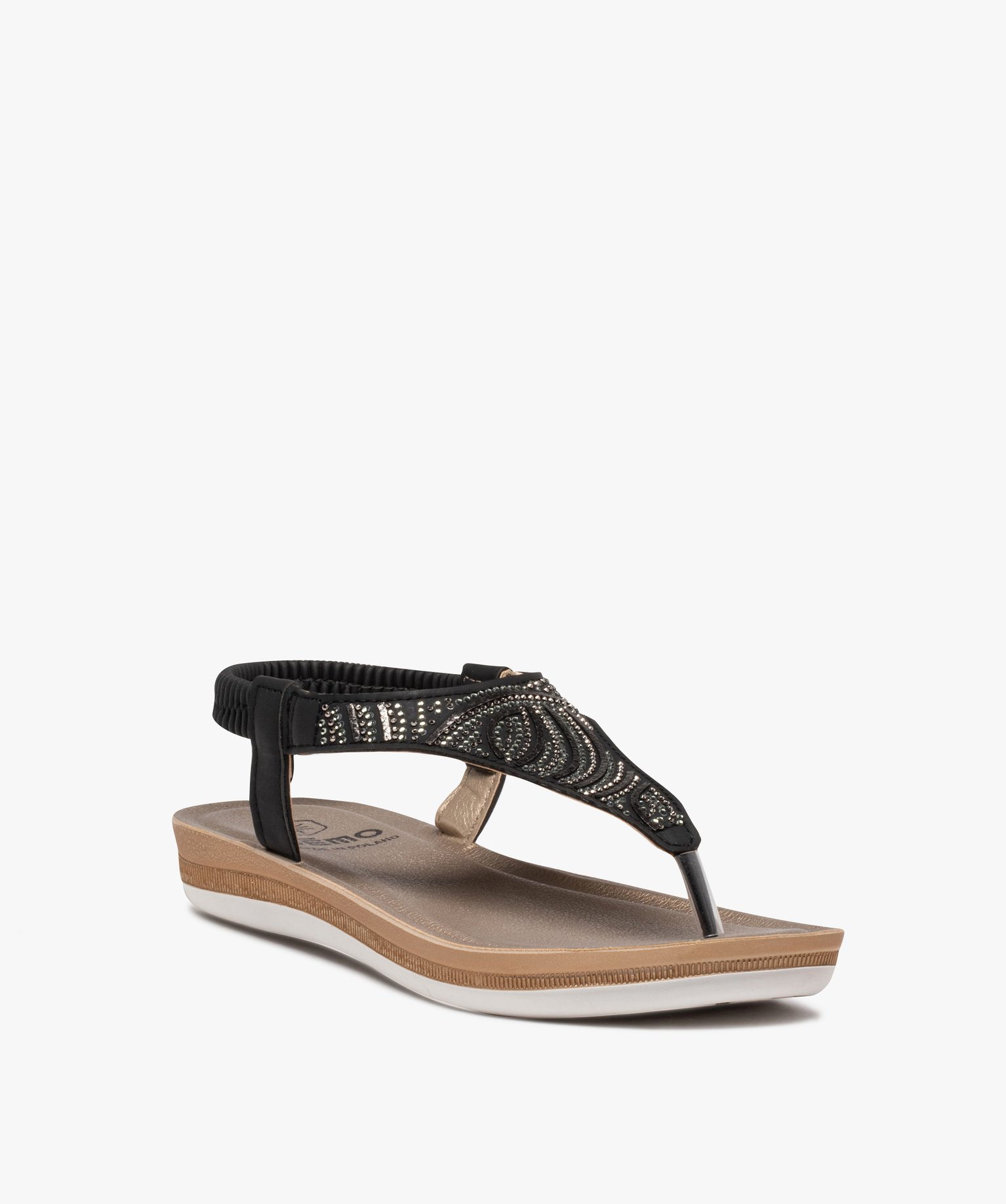 Sandales femme plates à entre-doigts ornées de strass noir | GEMO