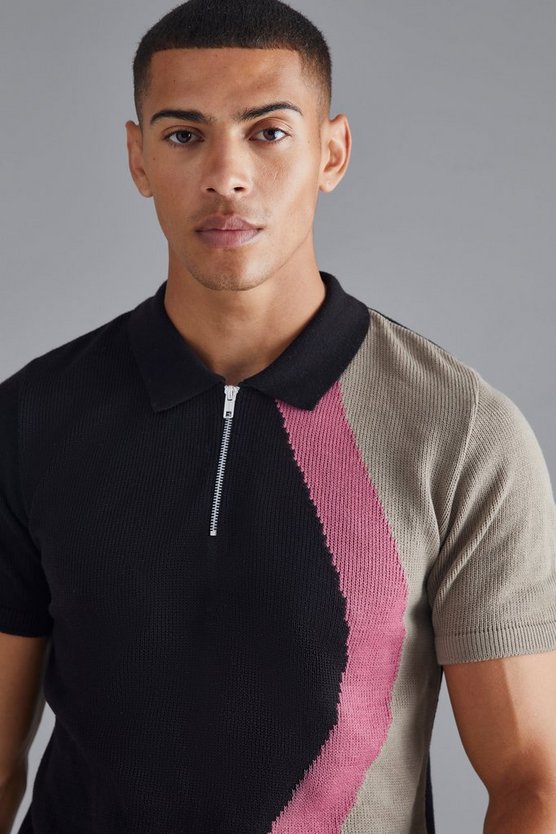 Jacquard Strick-Poloshirt mit halbem Reißverschluss