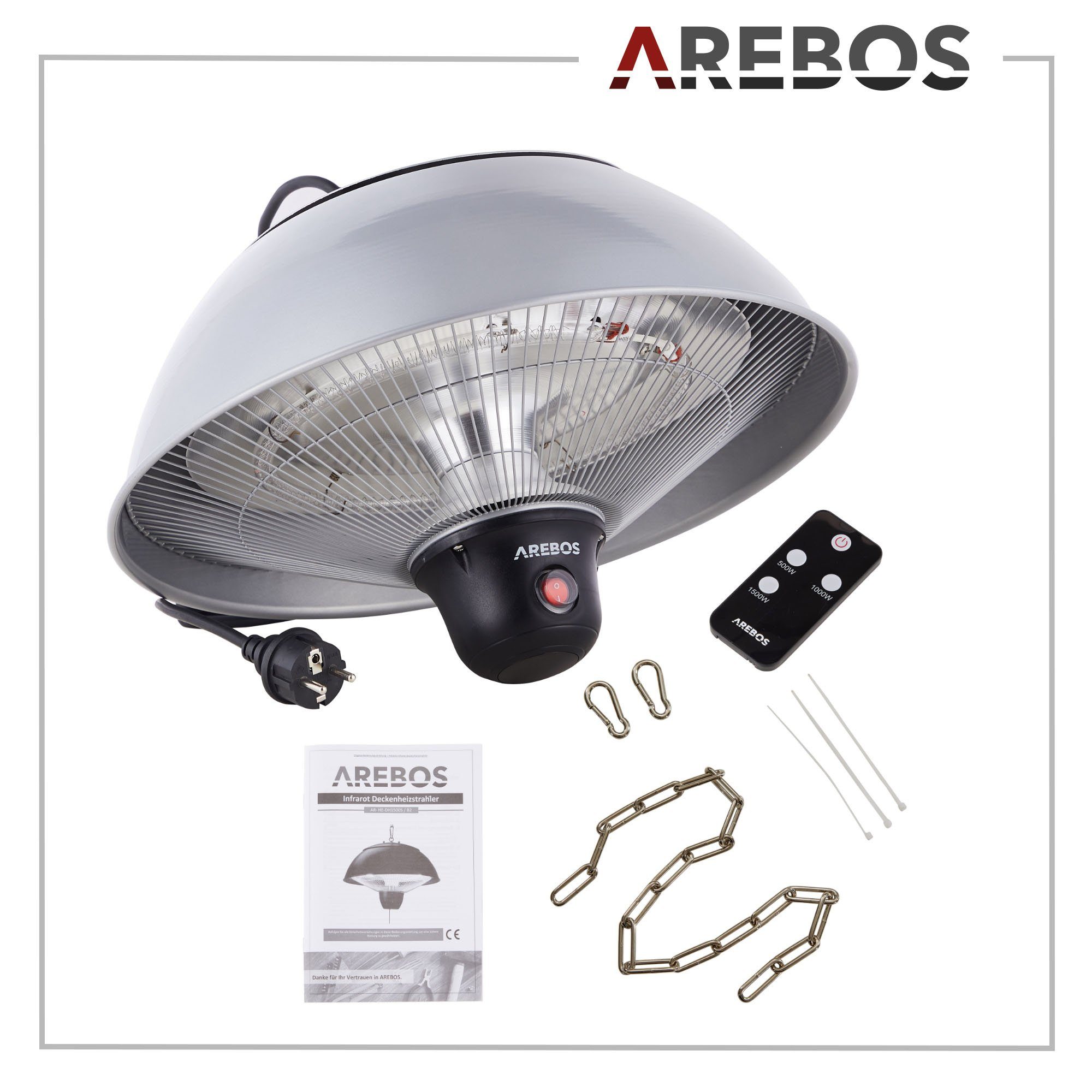Arebos Heizstrahler Decken-Heizstrahler, Balkonheizer, 3 Heizstufen 500/1000/1500 W, Deckenstrahler