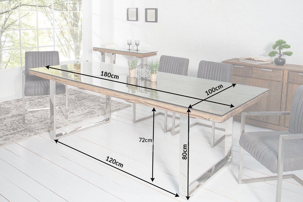 riess-ambiente Esstisch BARRACUDA 180cm natur / transparent, Esszimmer · Massivholz · Edelstahl · Glas · Kufen · Design