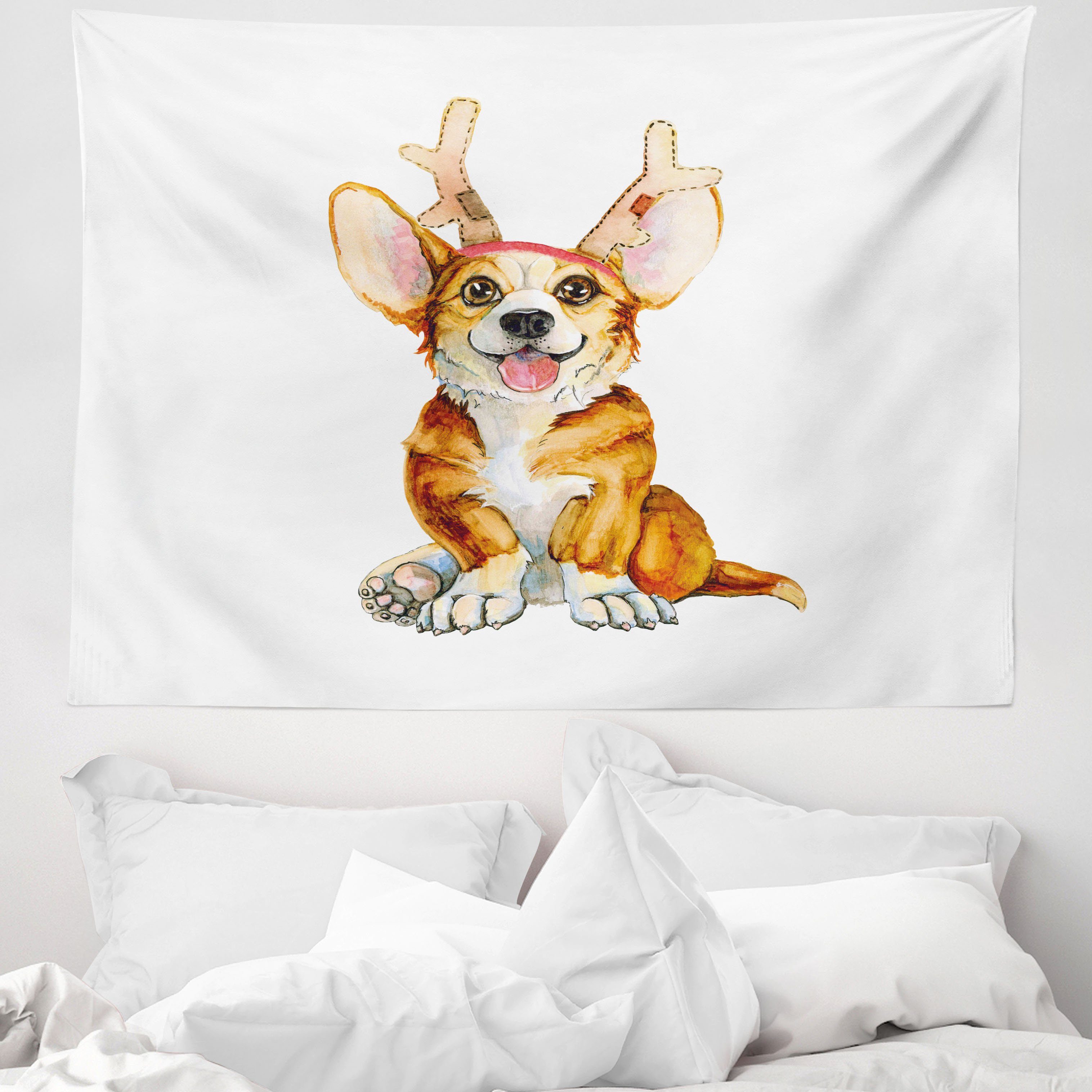 Wandteppich aus Weiches Mikrofaser Stoff Für das Wohn und Schlafzimmer, Abakuhaus, rechteckig, Hündchen Corgi-Hund mit Hirschgeweih