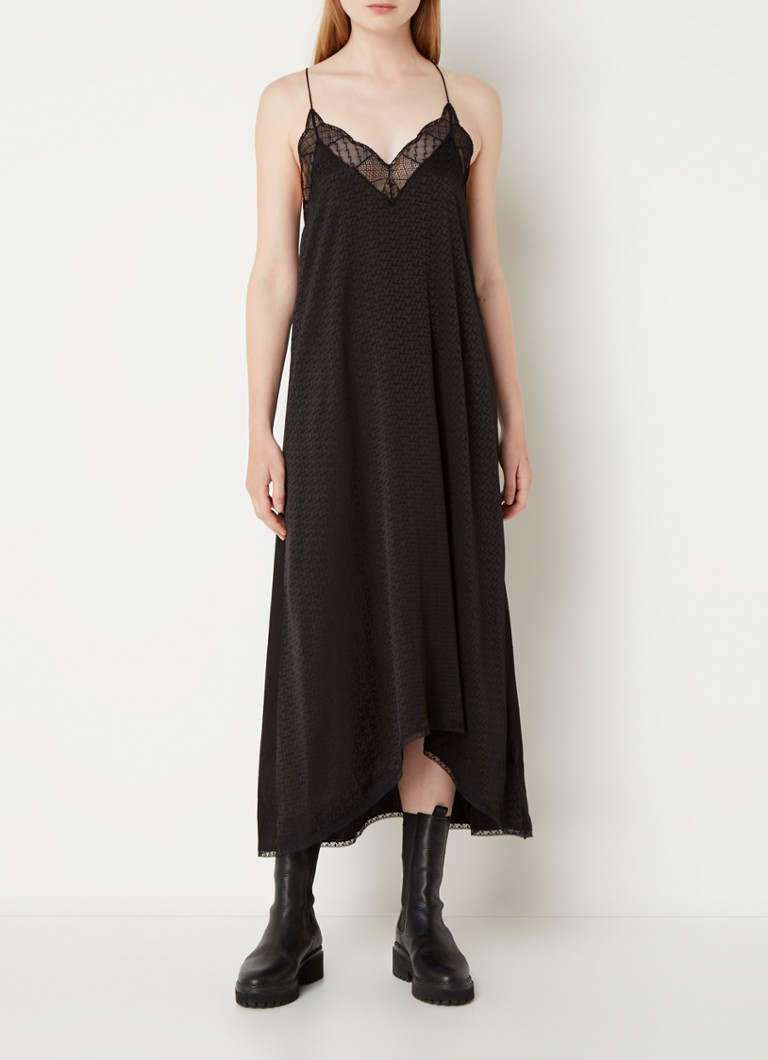Rochie elegantă, lungă, din mătase, de la Zadig&Voltaire, decorată cu un imprimeu jacquard cu logo și dantelă.