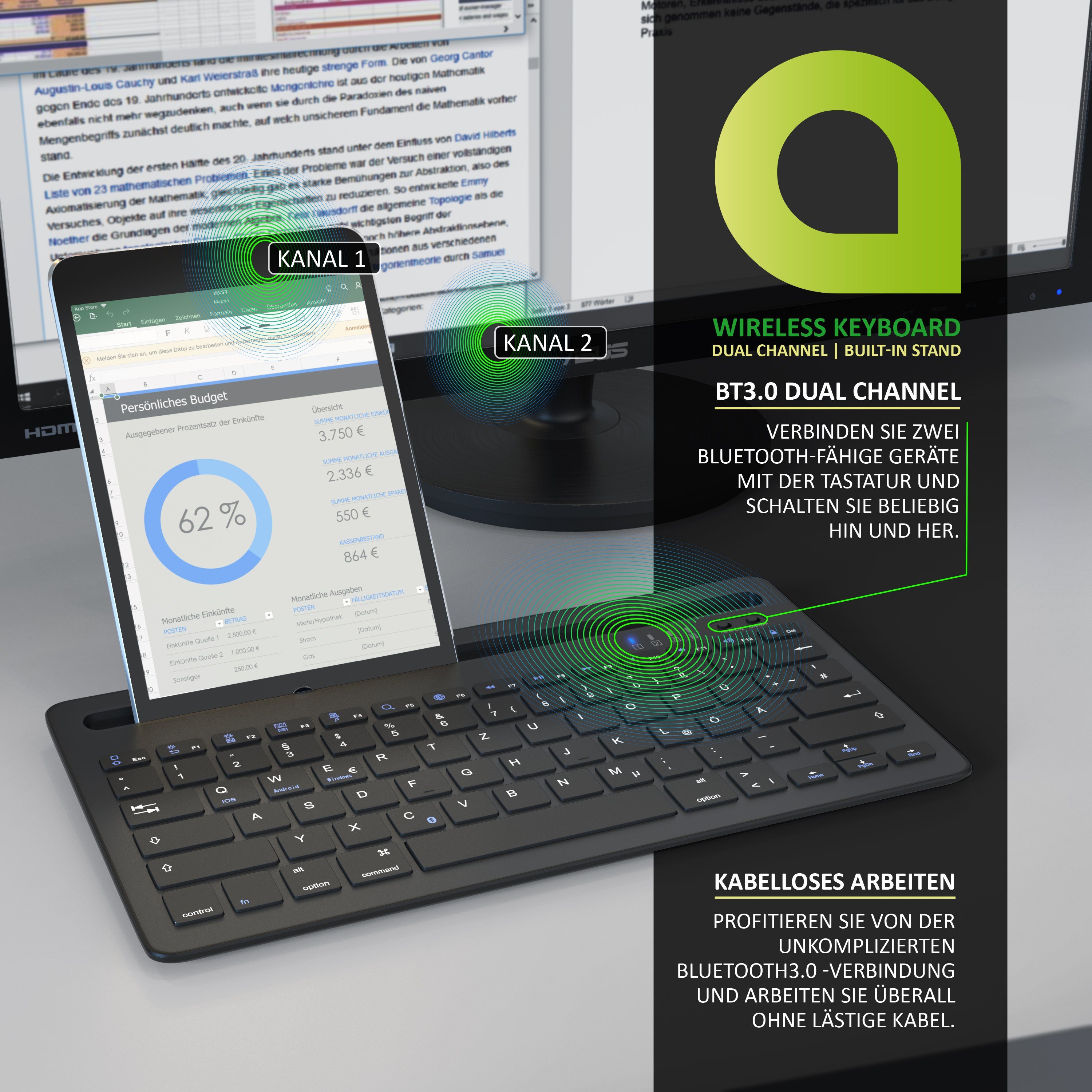 Aplic Tablet-Tastatur (Bluetooth, Tablet Halterung, mit Akku, für iOS, Android, Windows)