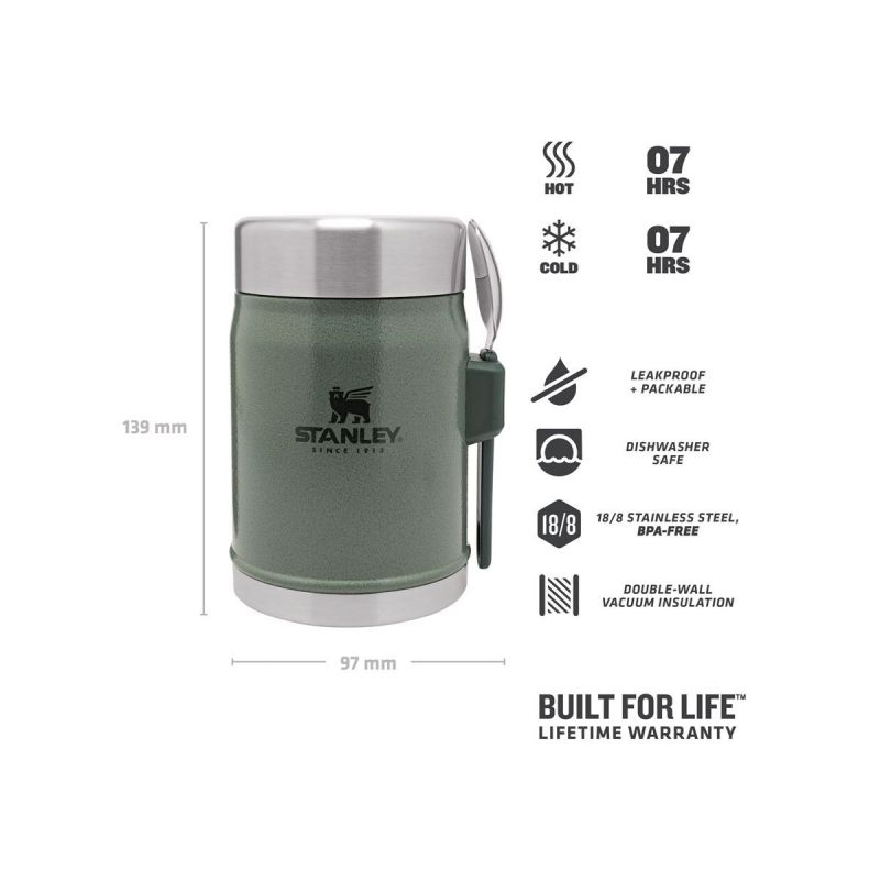 Stanley Food Jar, Classic Legendary Food Jar + Spork 14oz \/ 400ml Hammertone Green