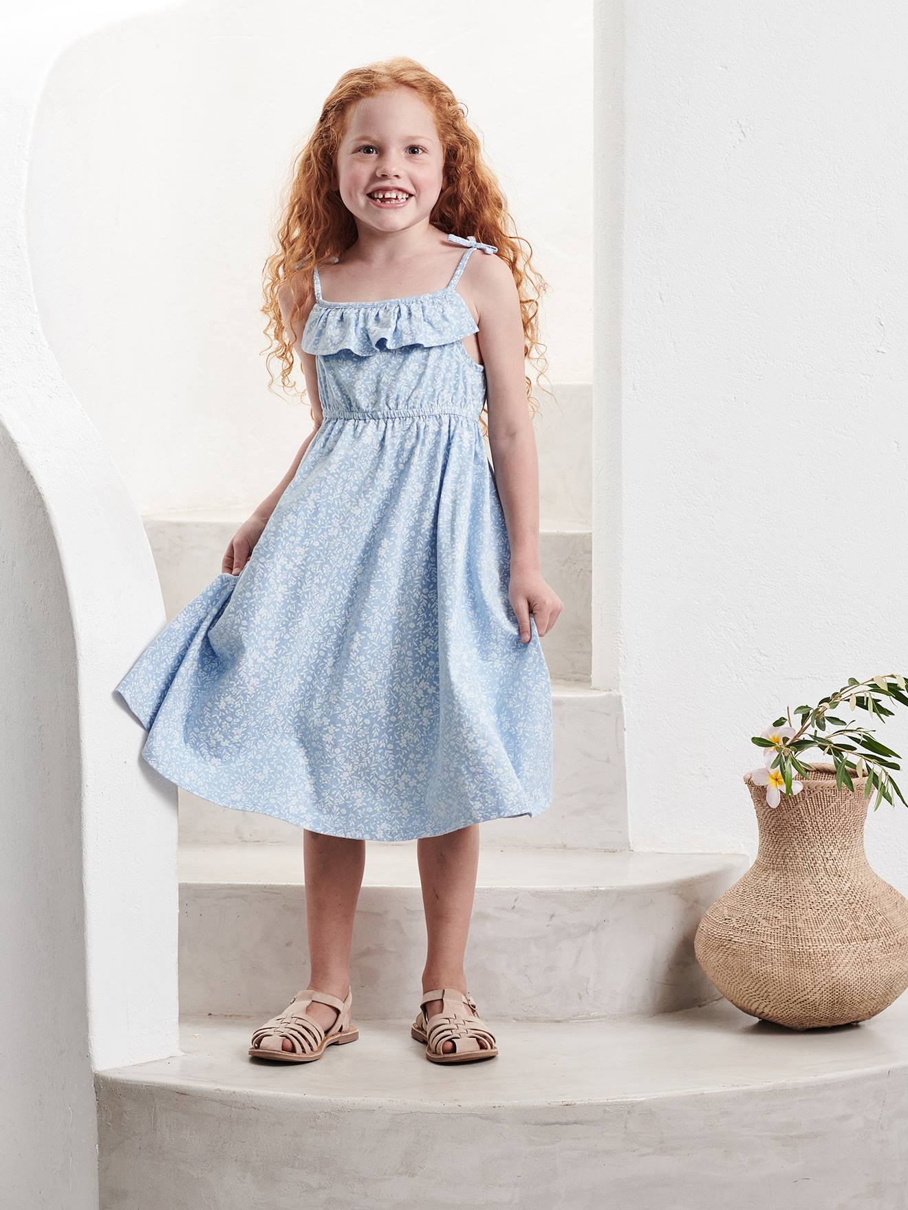 Robe mi-longue à bretelles imprimée fleurs fille bleu ciel