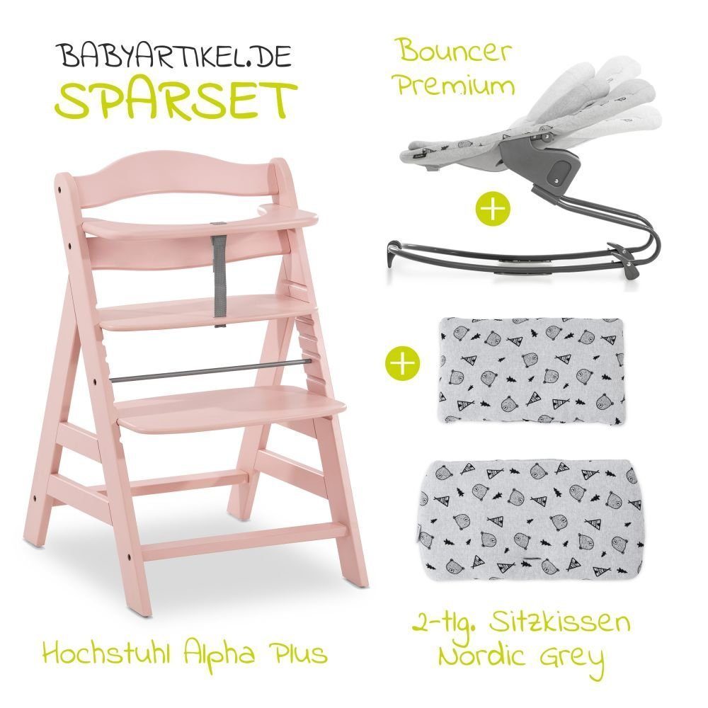 Hauck Hochstuhl Alpha Plus Rose Newborn Set (Set, 4 St), Holz Babystuhl ab Geburt inkl. Aufsatz für Neugeborene & Sitzauflage