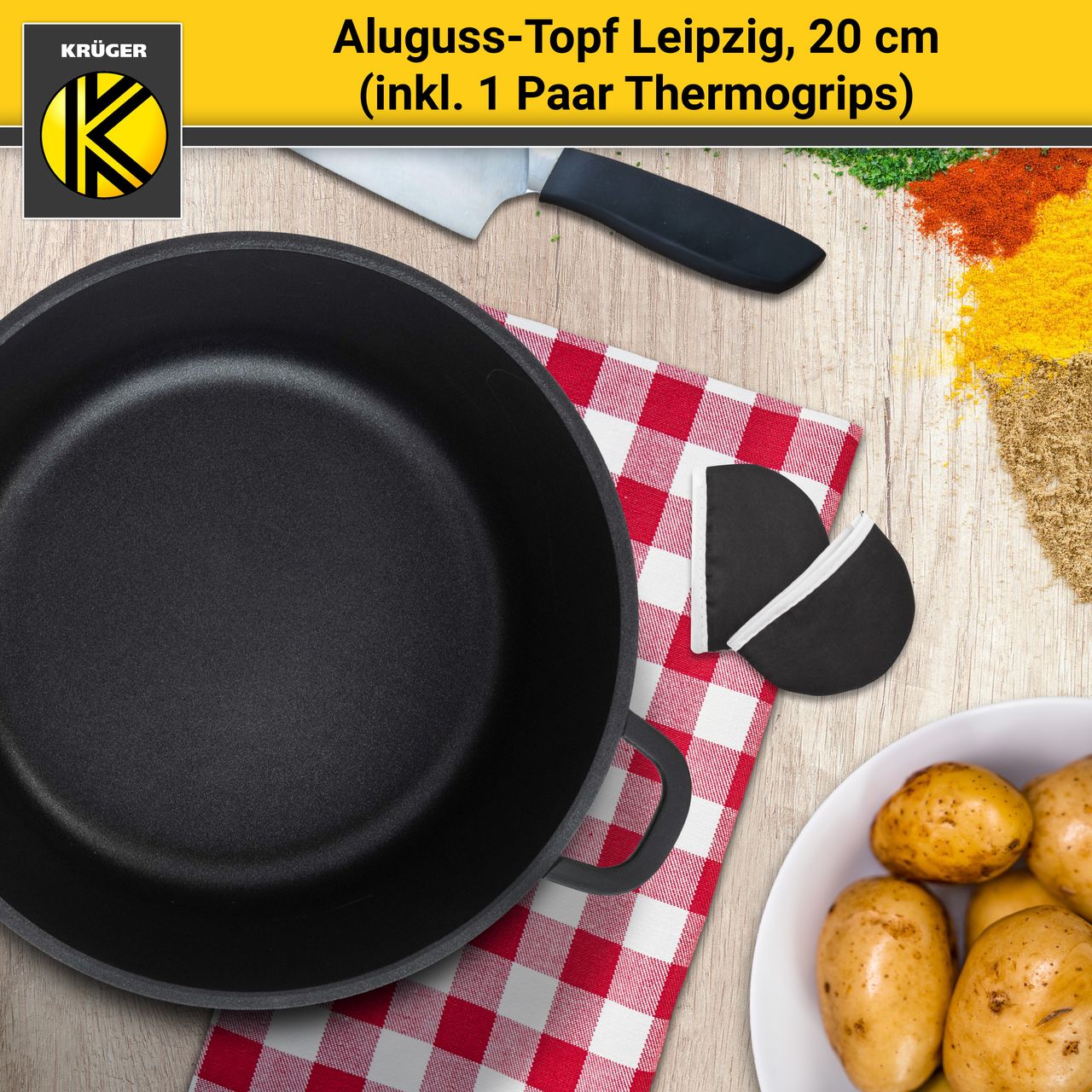 Karl Krüger Aluguss Fleischtopf LEIPZIG mit Deckel, 20 cm
