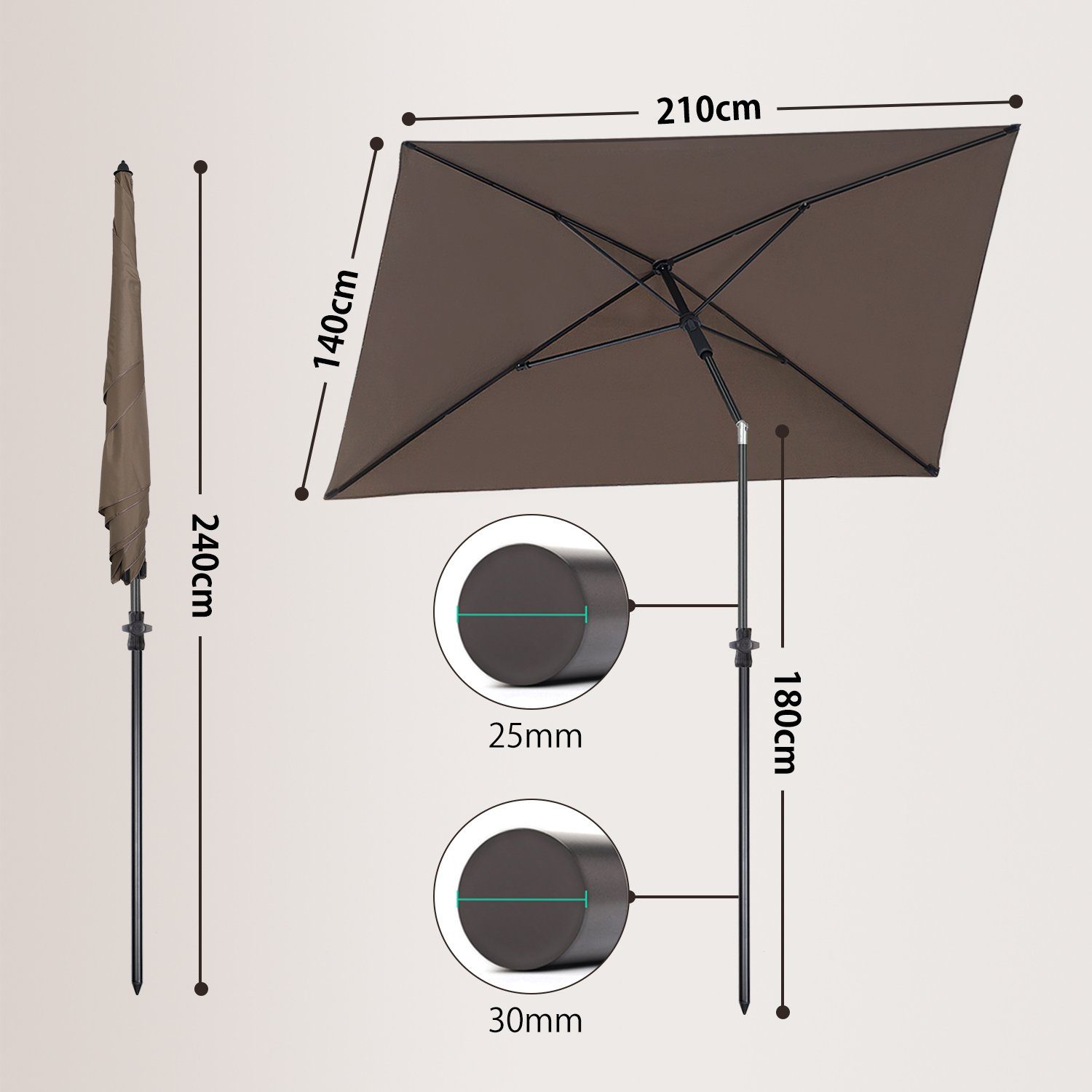 Sekey Sonnenschirm 210 x 140 cm Balkonschirm Rechteckig Gartenschirm mit Schutzhülle, Terrassenschirm mit Sonnenschutz UV50+