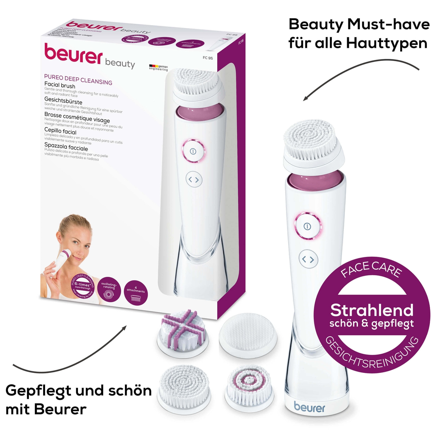 Beurer Gesichtsbürste FC 95 Pureo Deep Cleansing-Gesichtsbürste mit 4 Bürstenaufsätzen für jeden Hauttyp