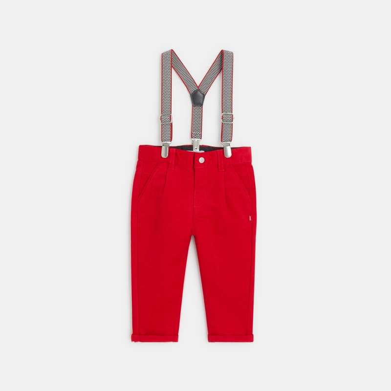 Pantalon velours fantaisie à bretelles rouge bébé garçon