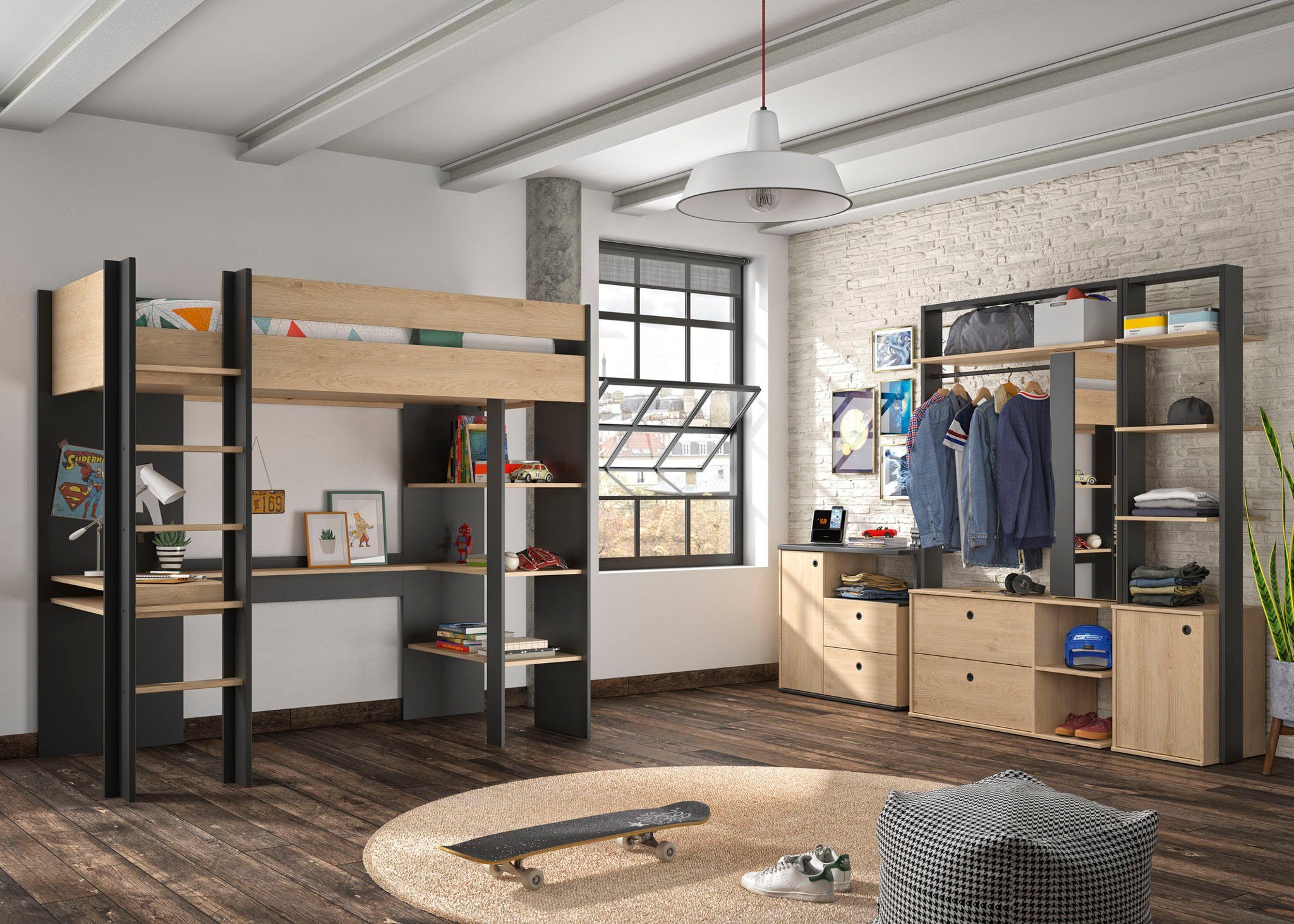 Gami Jugendzimmer-Set Duplex, (4-St., 2x offenes Schranksystem, Kommode, Hochbett)