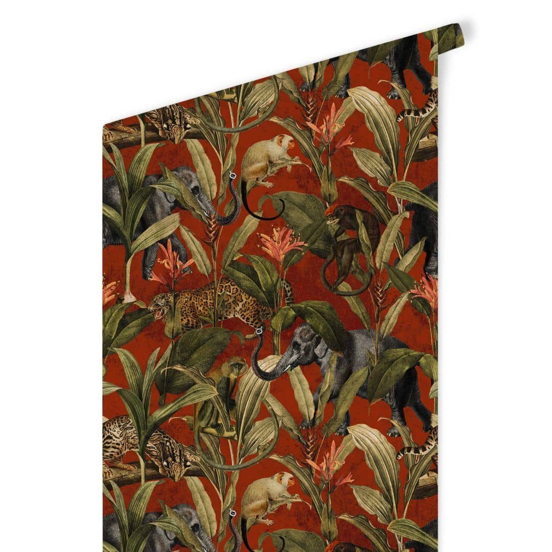 K&L Wall Art Mustertapete Vintage Afrika Dschungel Elefant Affe Leopard Vliestapete Kinderzimmer, Safari Tapete