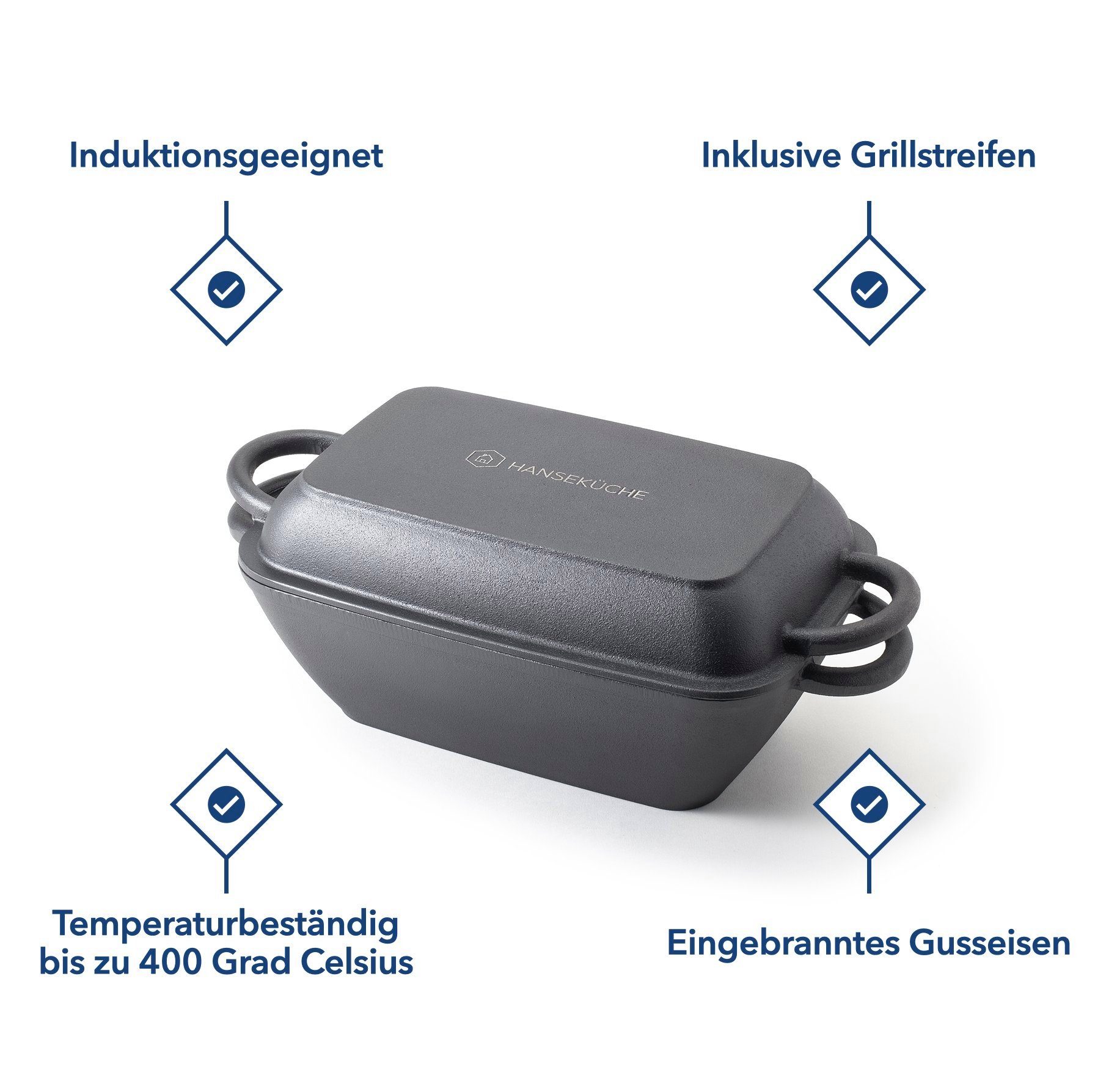 Hanseküche Grilltopf Gusseisen Bräter – Eingebrannter 2in1 Topf mit Deckel, Gusseisen (2in1 Bräter, 1-tlg., Topf und Deckel), Induktionsgeeignet, Temperaturbeständig