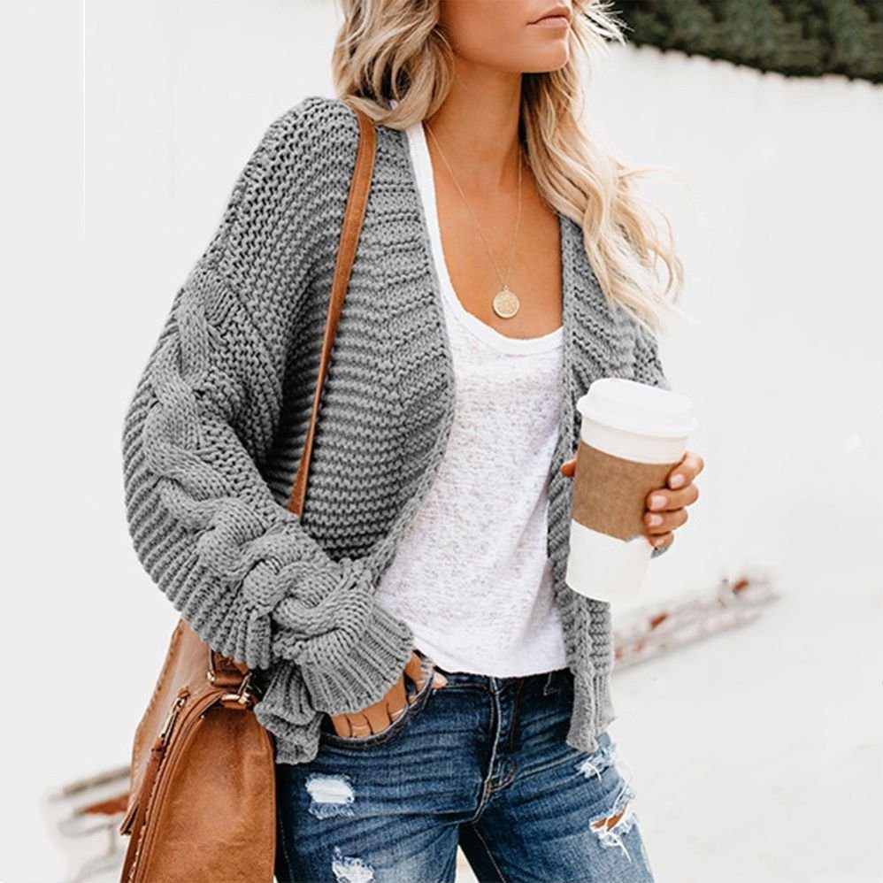 Welikera Strickmantel Damen-Strickjacke mit langen Ärmeln, vielseitiges Grau