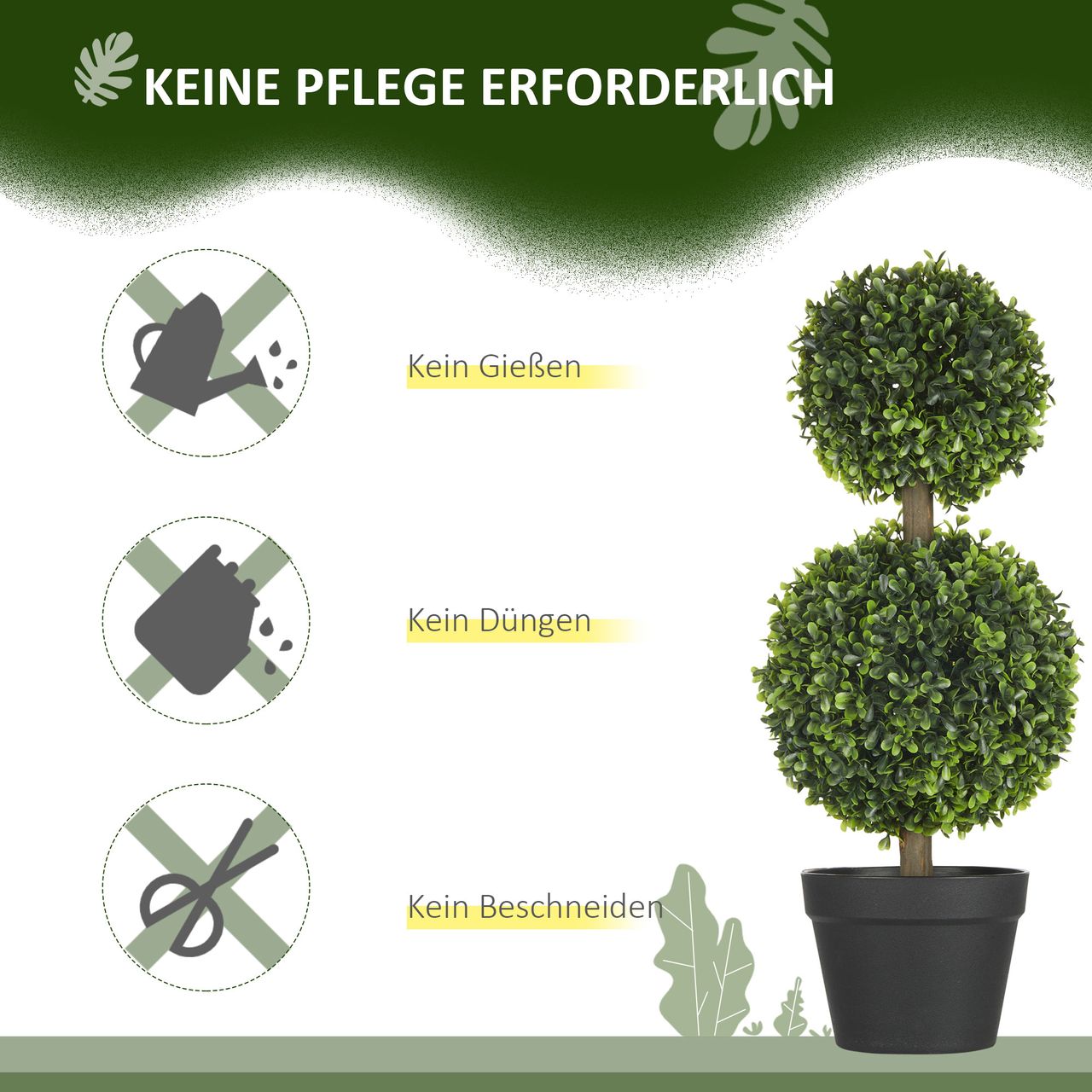 HOMCOM Künstliche Pflanzen 2er-Set Buchsbaum 60 cm Kunstpflanze mit Doppel-Kugel