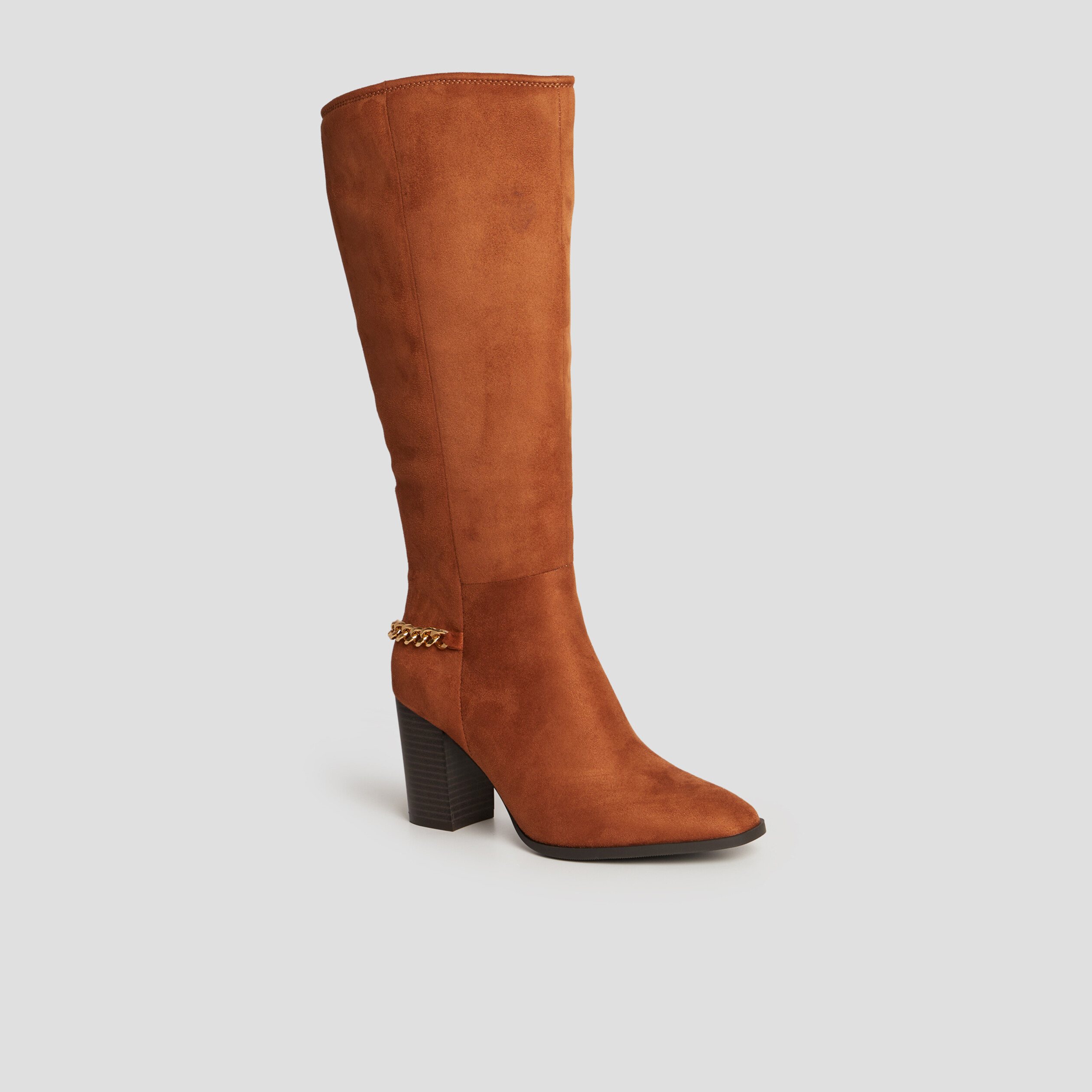 Bottes hautes détails chaînes à talons marron cognac femme | La Halle