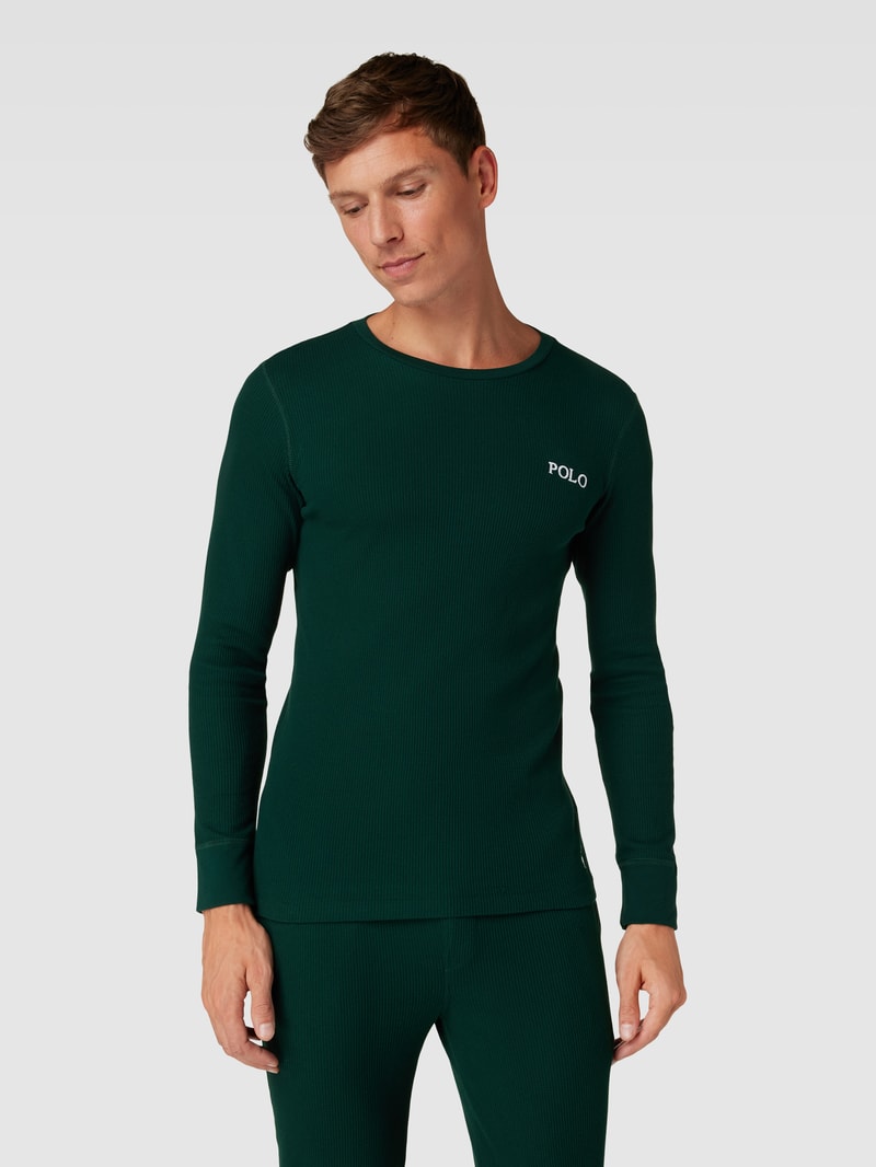 Longsleeve mit Label-Stitching Modell 'CREW' in dunkelgrün