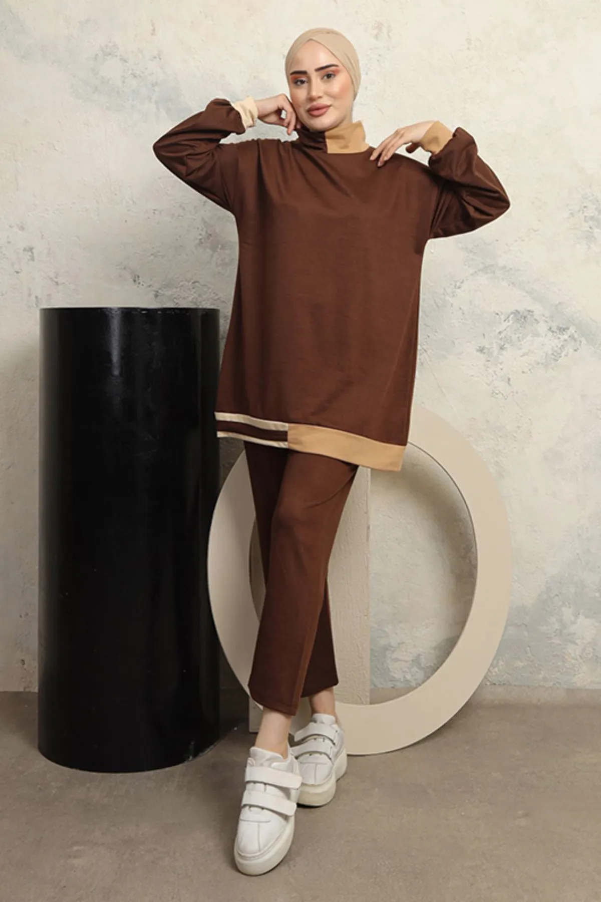 benguen  3402 Zweifädiger Hijab-Anzug, Braun