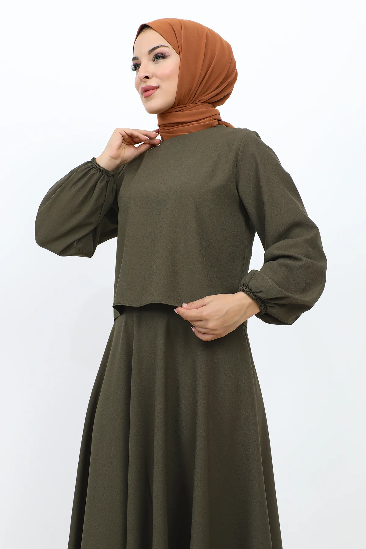 Tesettür Dünyası  Rockanzug mit elastischen Ärmeln TSD231105 Khaki