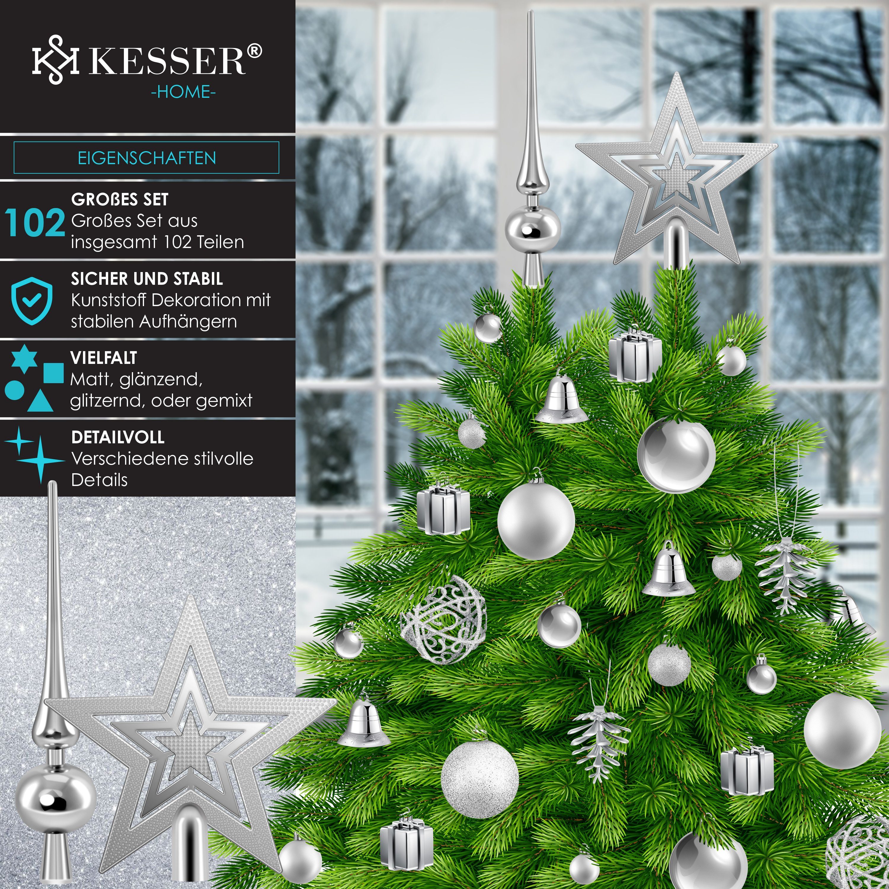 KESSER Christbaumschmuck (102-tlg), Weihnachtskugeln 102-teiliges Set Baumspitze Christbaumkugeln