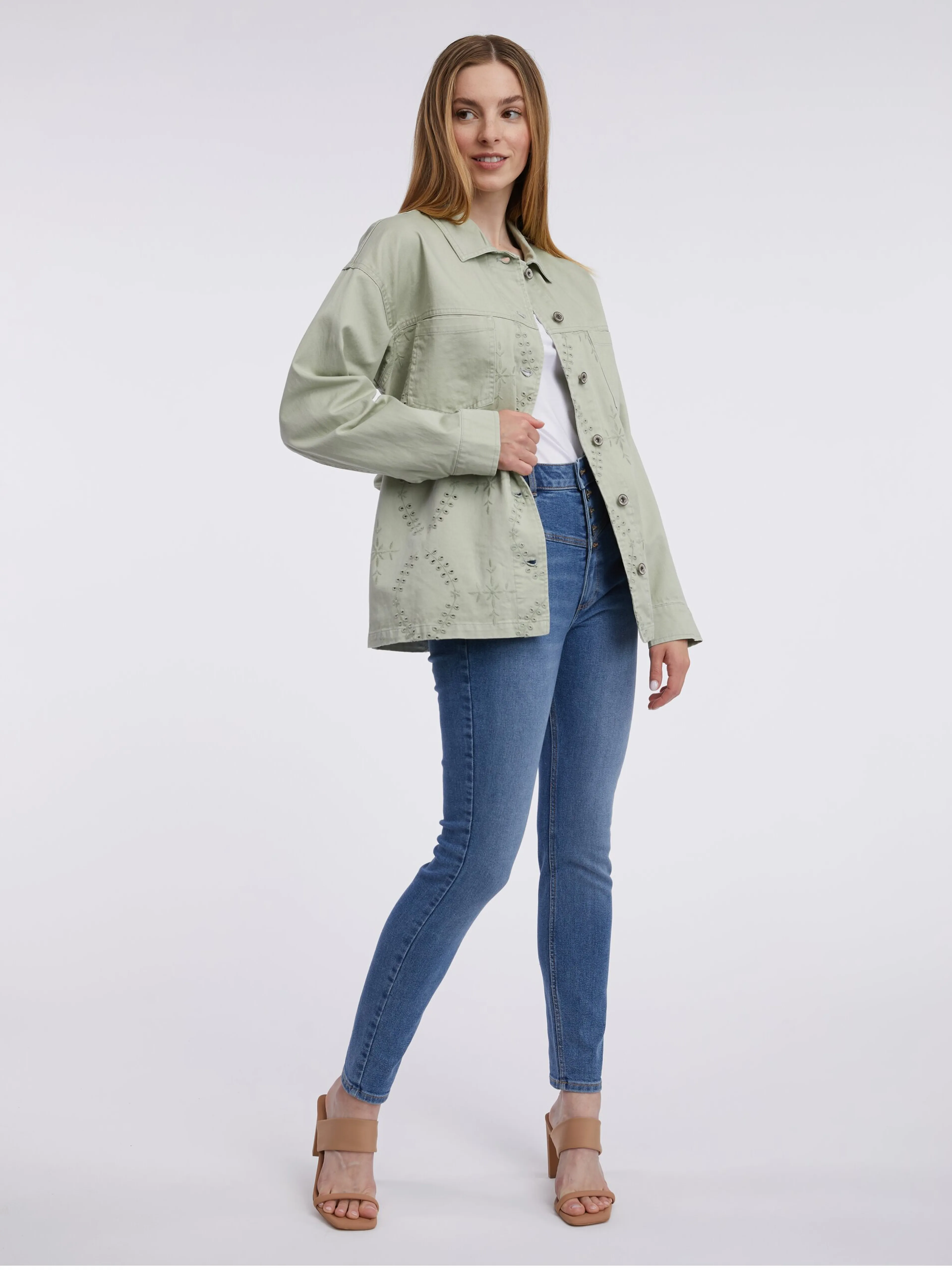 Hellgrüne gemusterte Damen-Jeansjacke ORSAY