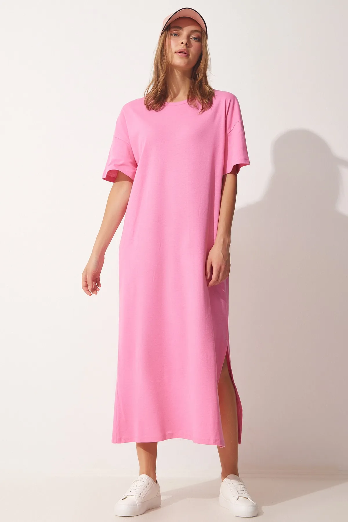 Happiness İstanbul  Hellrosa Baumwoll-Sommerkleid für Damen aus gekämmter Baumwolle UB00080