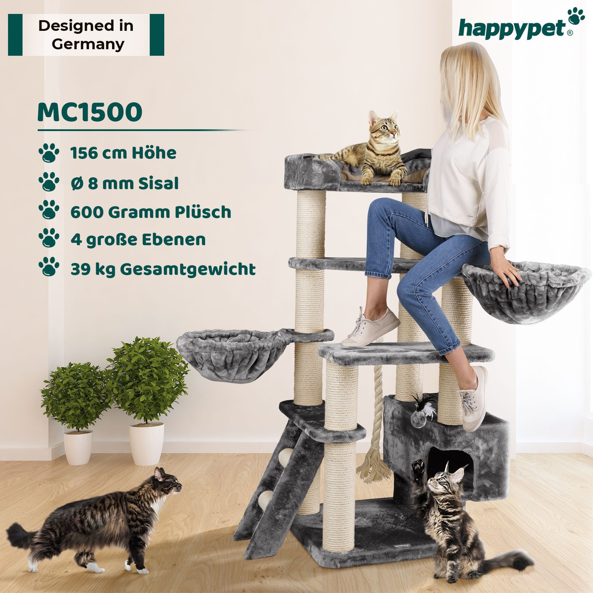 Happypet Kratzbaum MC1500, 156 cm hoch, 12 cm Dicke Sisalstämme, geprüftes Holz