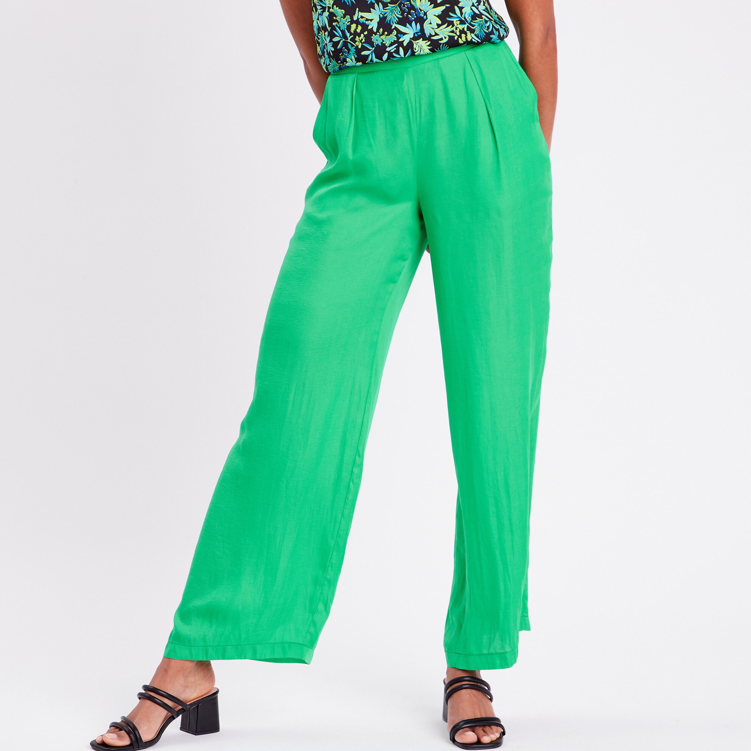 Pantalon city large satin vert femme | Cache Cache