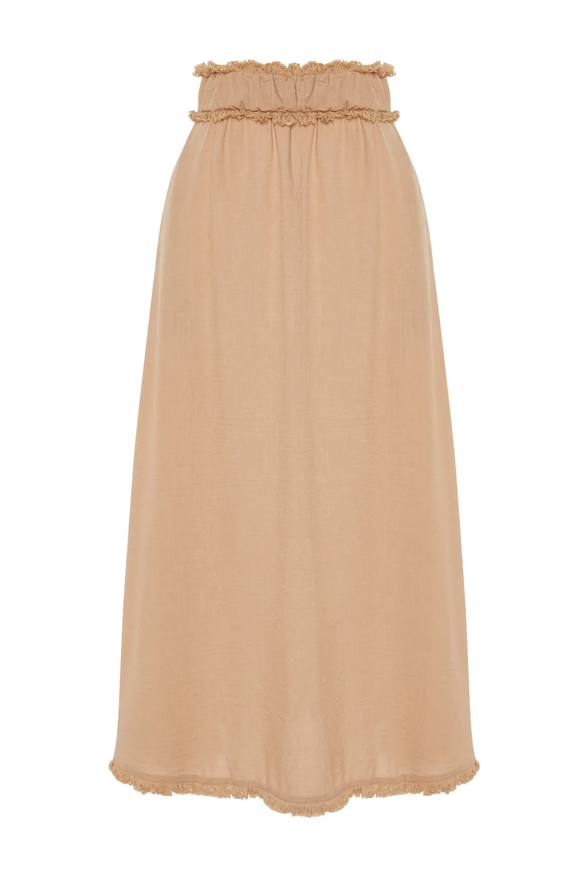 Trendyol Modest  X Kevser Sarıoglu Beigefarbener gewebter Rock mit Quastendetail an der Taille TCLSS23EE00000