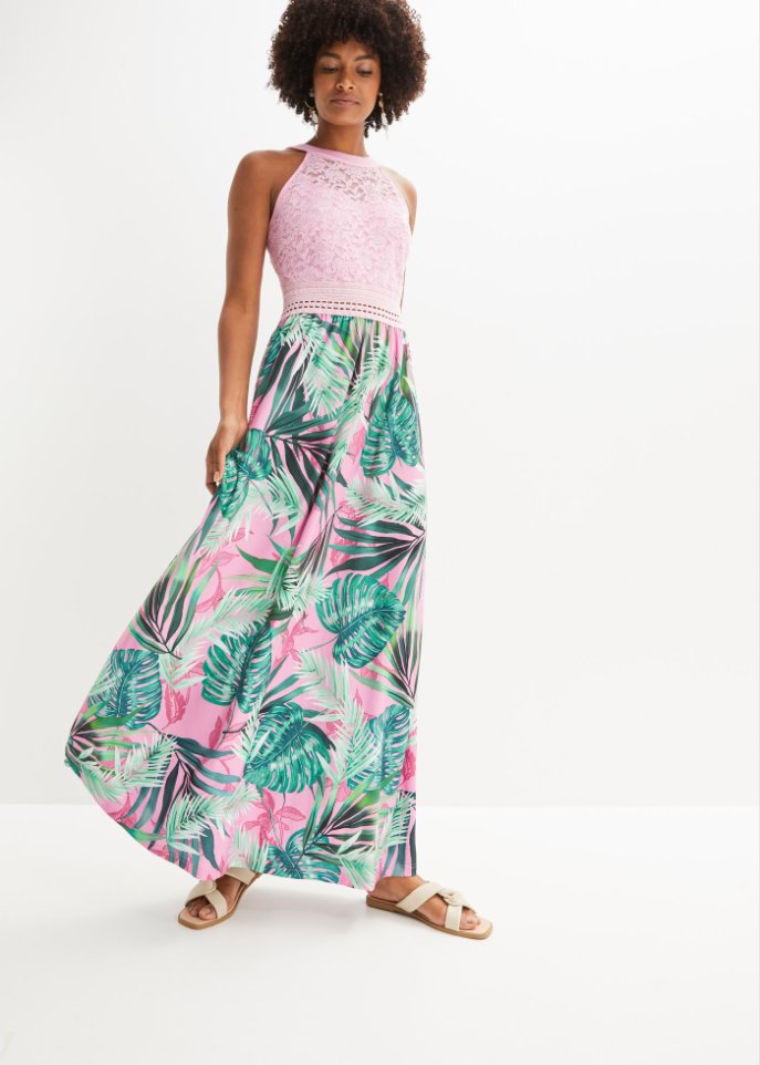 Maxikleid mit Print und Spitze