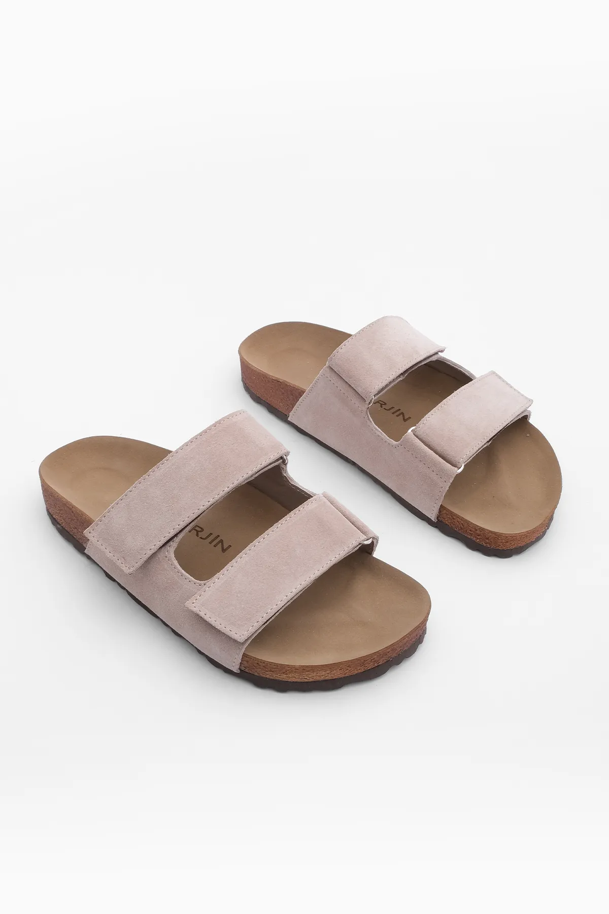 Marjin  Damen Hausschuhe mit doppeltem Riemen und Klettverschluss und Eva-Sohle Mester Beige Wildleder