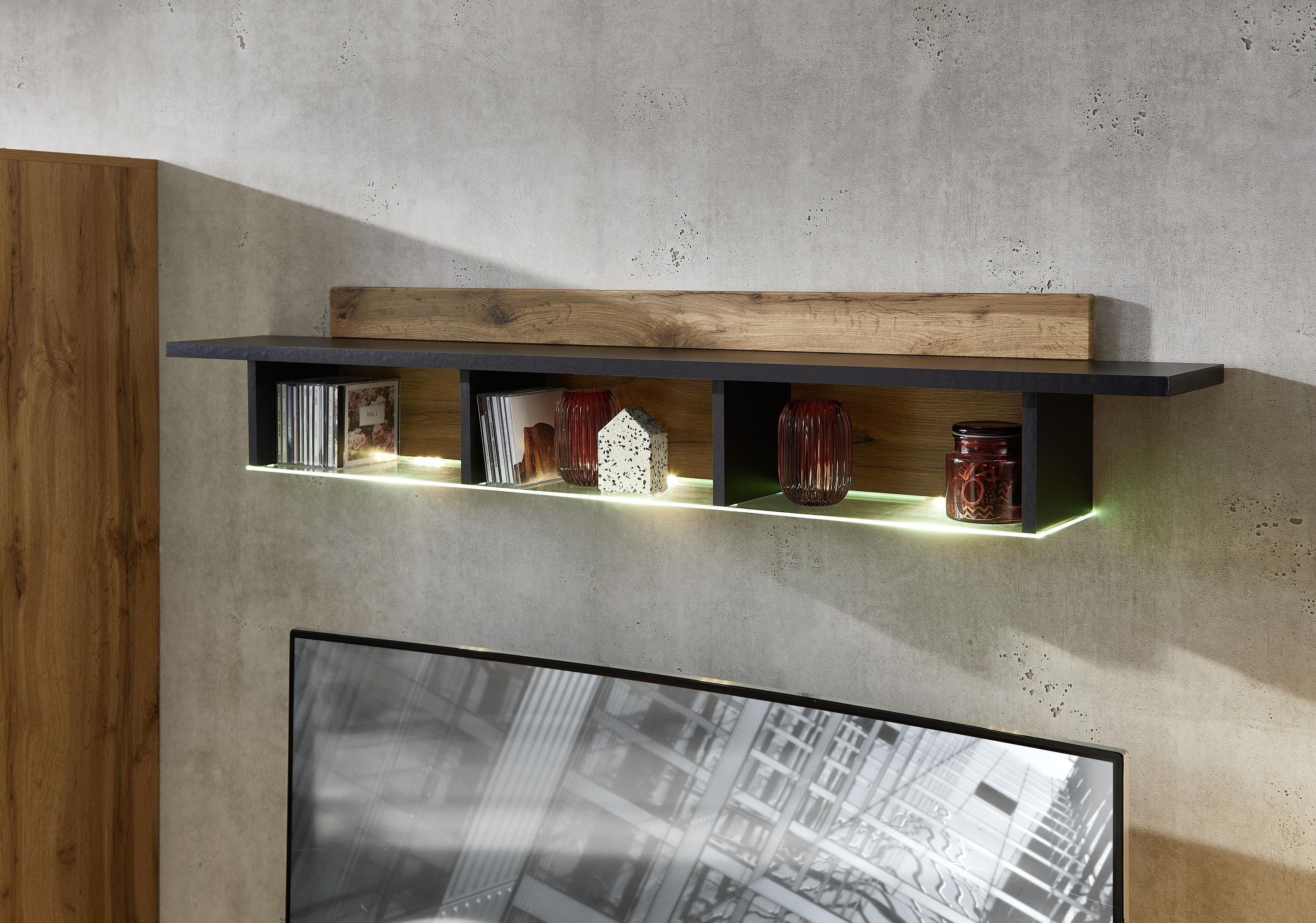 möbelando Wohnwand Sidonia, (5-St), Moderne Wohnwand. Korpus aus MDF in Eiche Altholz Nachbildung, Front in Lack Laminat schwarz supermatt, Griffe in chrom matt und Absetzung in Hirnholz Nachbildung