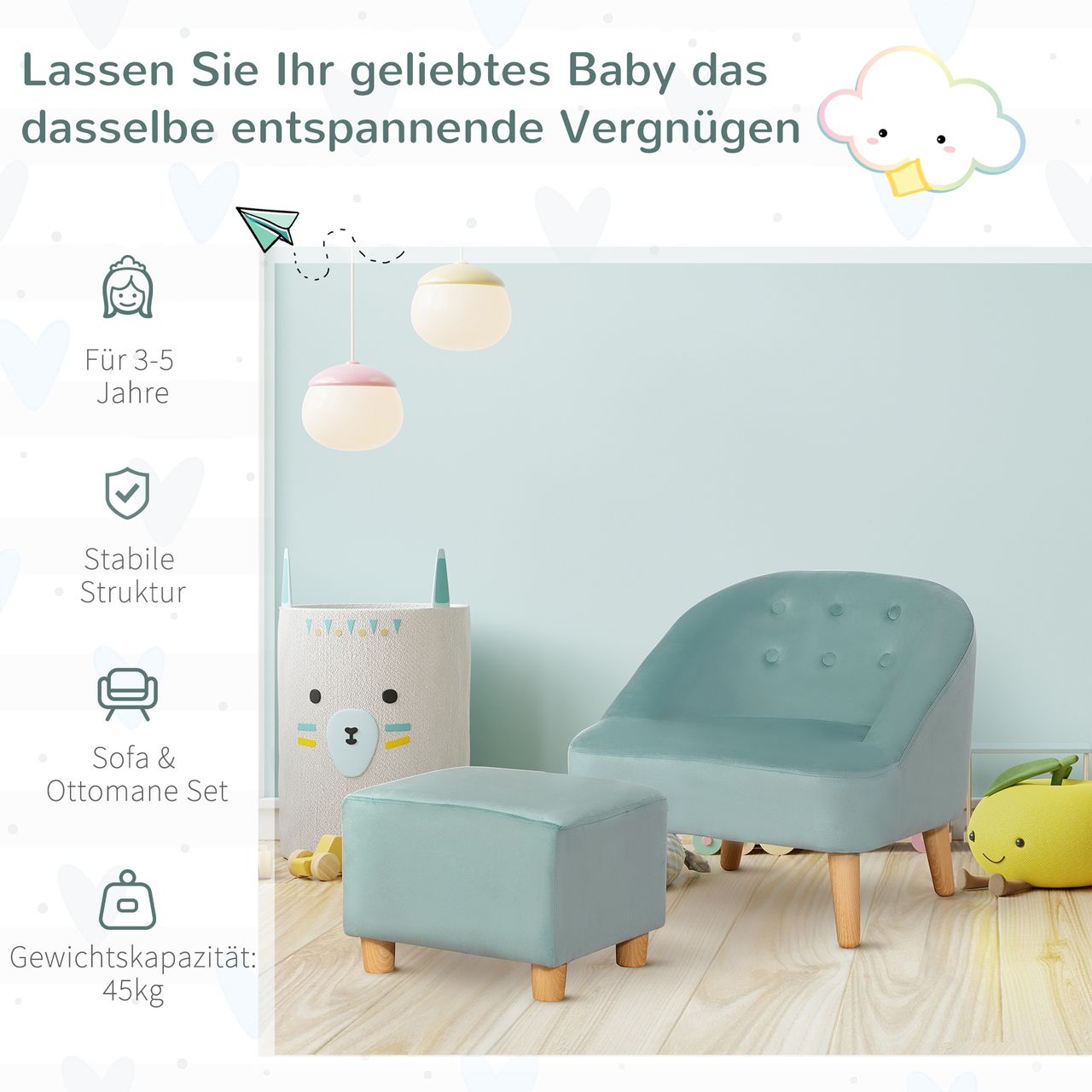 HOMCOM Kindersessel Kindersofa mit Fußhocker Kindercouch ab 3 Jahren Kindermöbel Kinderzimmer Samtoptik Eukalyptusholz Grün 51 x 51 x 50 cm