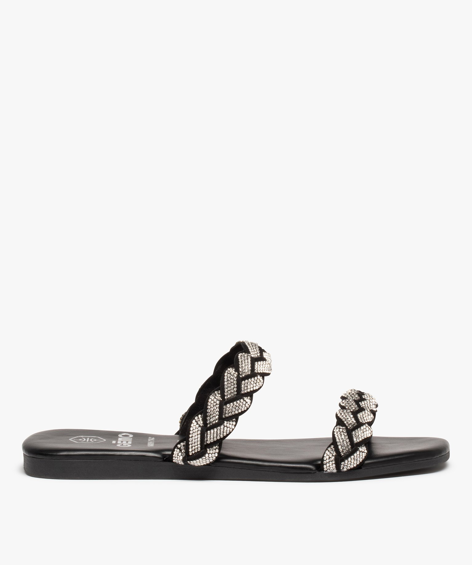 Mules femme à talon plat et brides strass tressées noir | GEMO