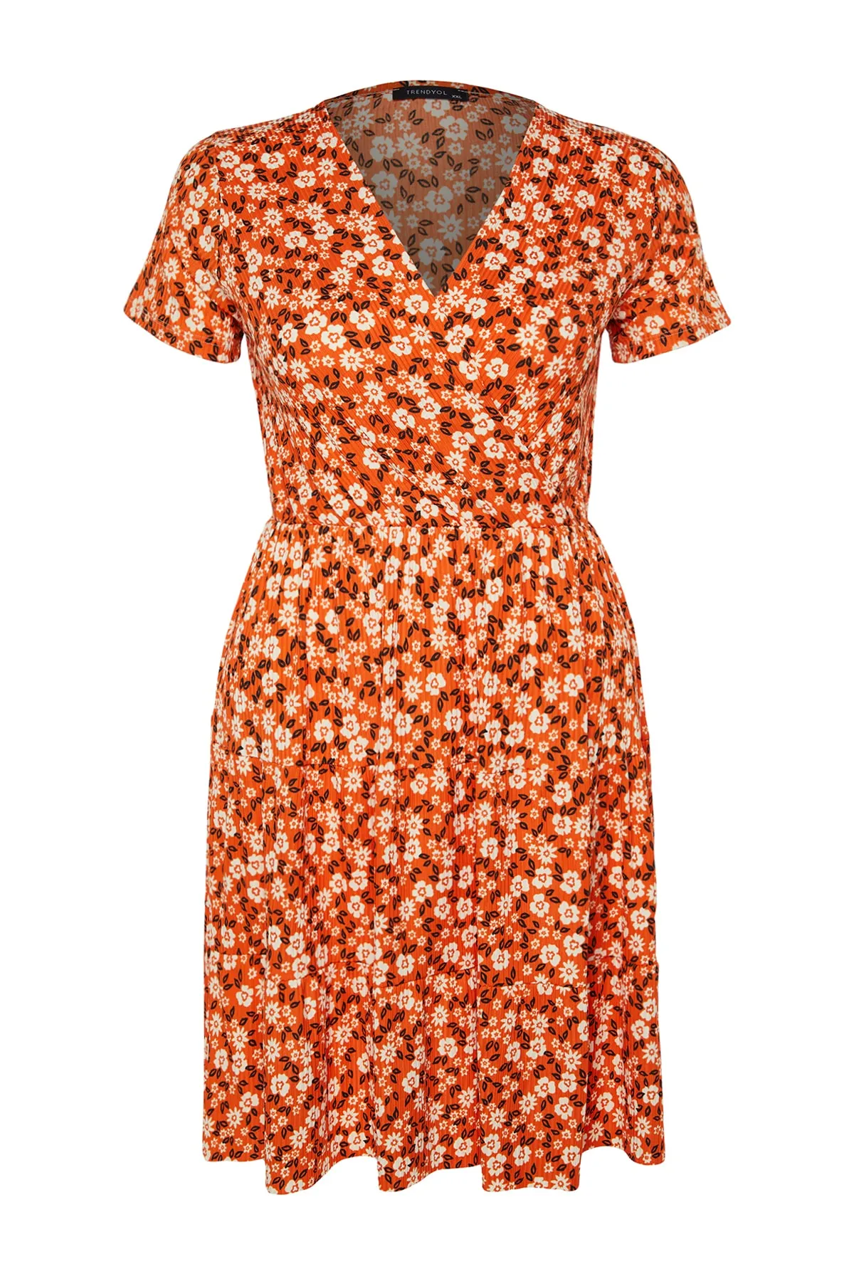 Trendyol Curve  Orangefarbenes Strickkleid mit V-Ausschnitt und Blumenmuster TBBSS22EL1638