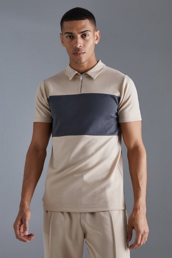 Kurzärmliges Slim-Fit Colorblock Poloshirt mit 1/4 Reißverschluss