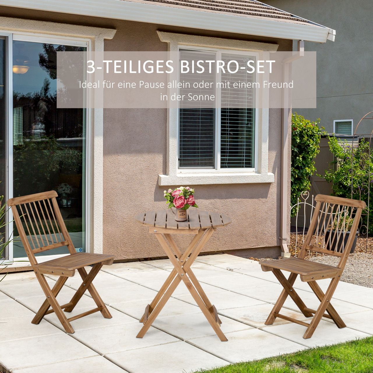 Outsunny Bistroset 3-tlg. Klappbar Holz Gartenset Balkonset Bistrotisch mit 2 Stühlen Gartenmöbel Natur