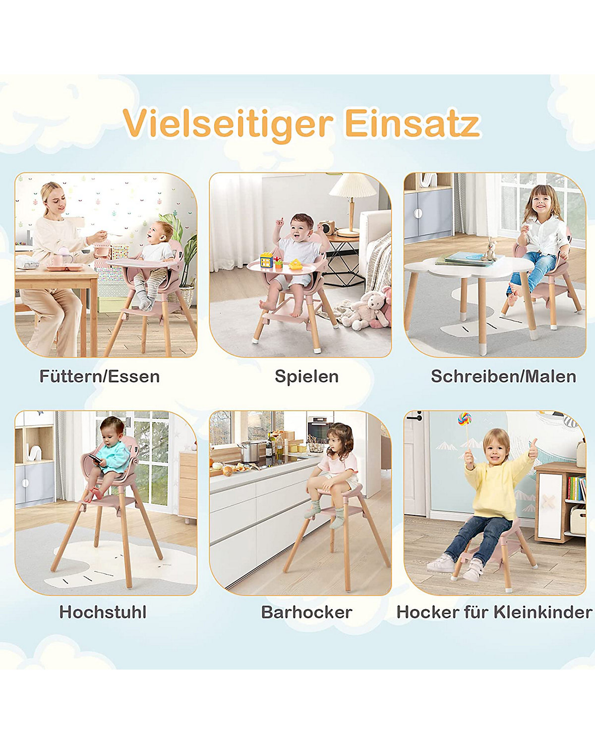 6 in 1 Hochstuhl mit Sitzkissen mit Tablett abnehmbar