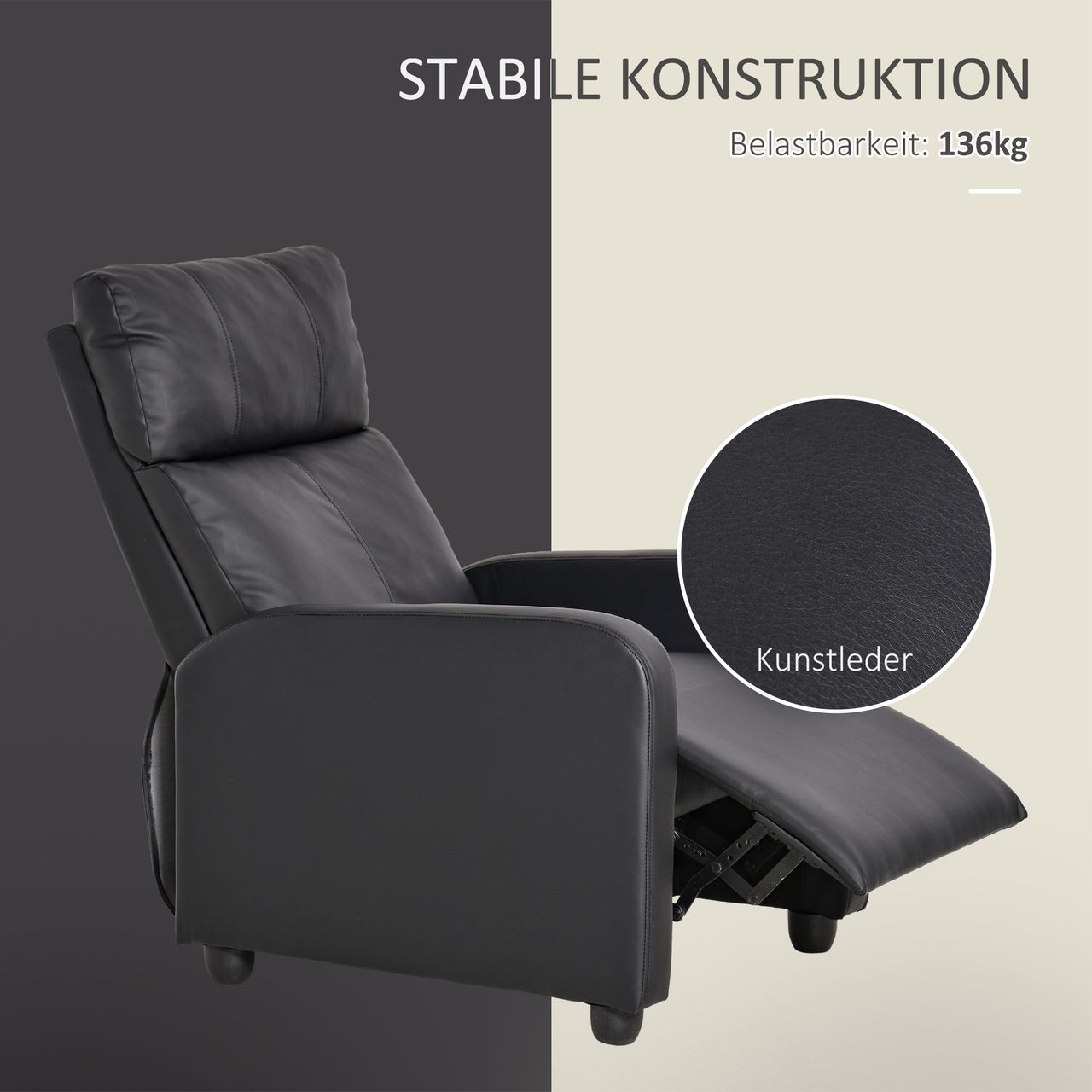 HOMCOM Relaxsessel Ruhesessel Fernsehsessel Sessel mit Liegefunktion Kunstleder (Schwarz)