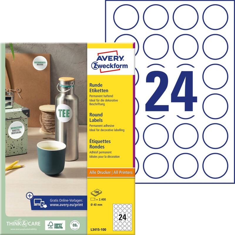 AVERY Zweckform Etiketten L3415-100 Selbsthaftend DIN A4 Weiß Ø 40 mm 100 Blatt à 24 Etiketten
