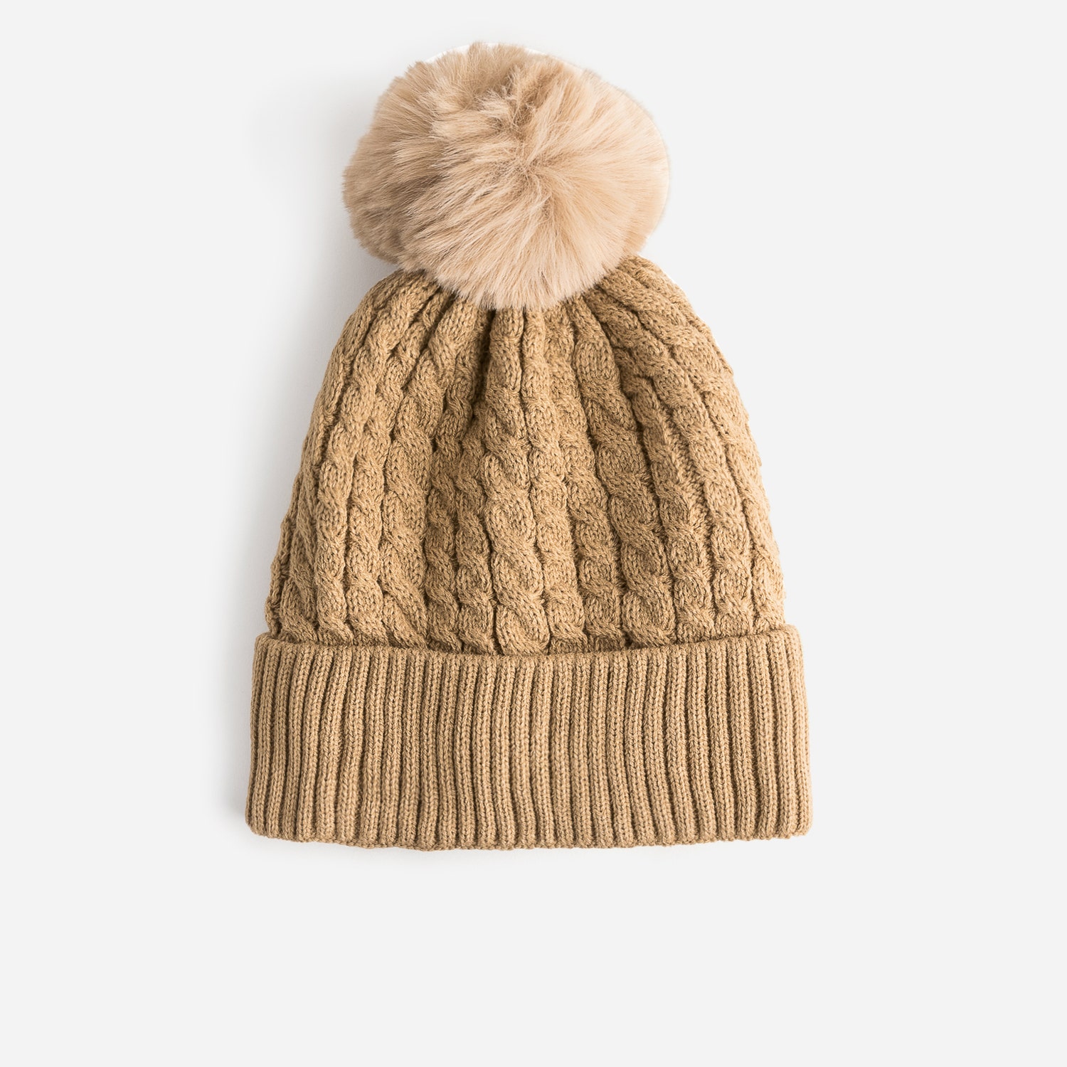 Bonnet TEXTO camel en tricot torsadé à pompon