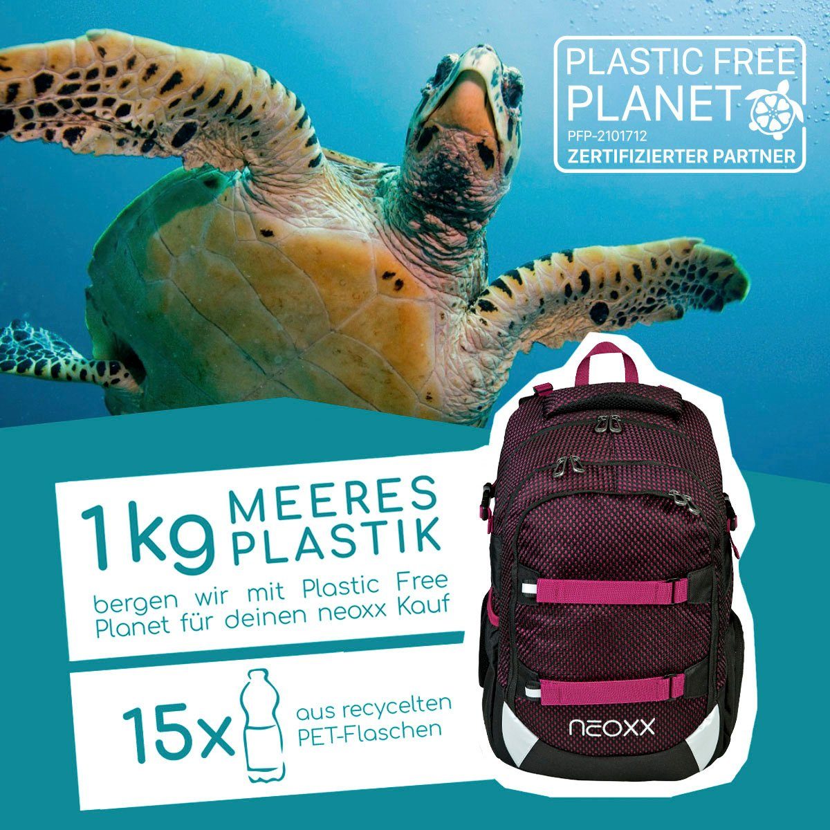 neoxx Schulrucksack Active, Crazy in Mesh, aus recycelten PET-Flaschen