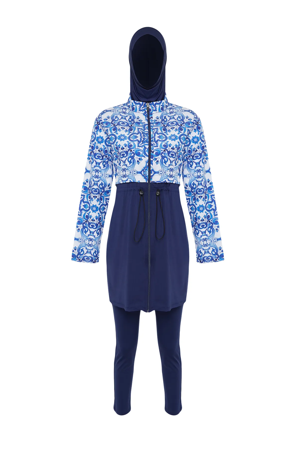 Trendyol Modest  Blaues, vollständig bedecktes, 4-teiliges, gemustertes Badeanzug-Set TCTSS23CF00036