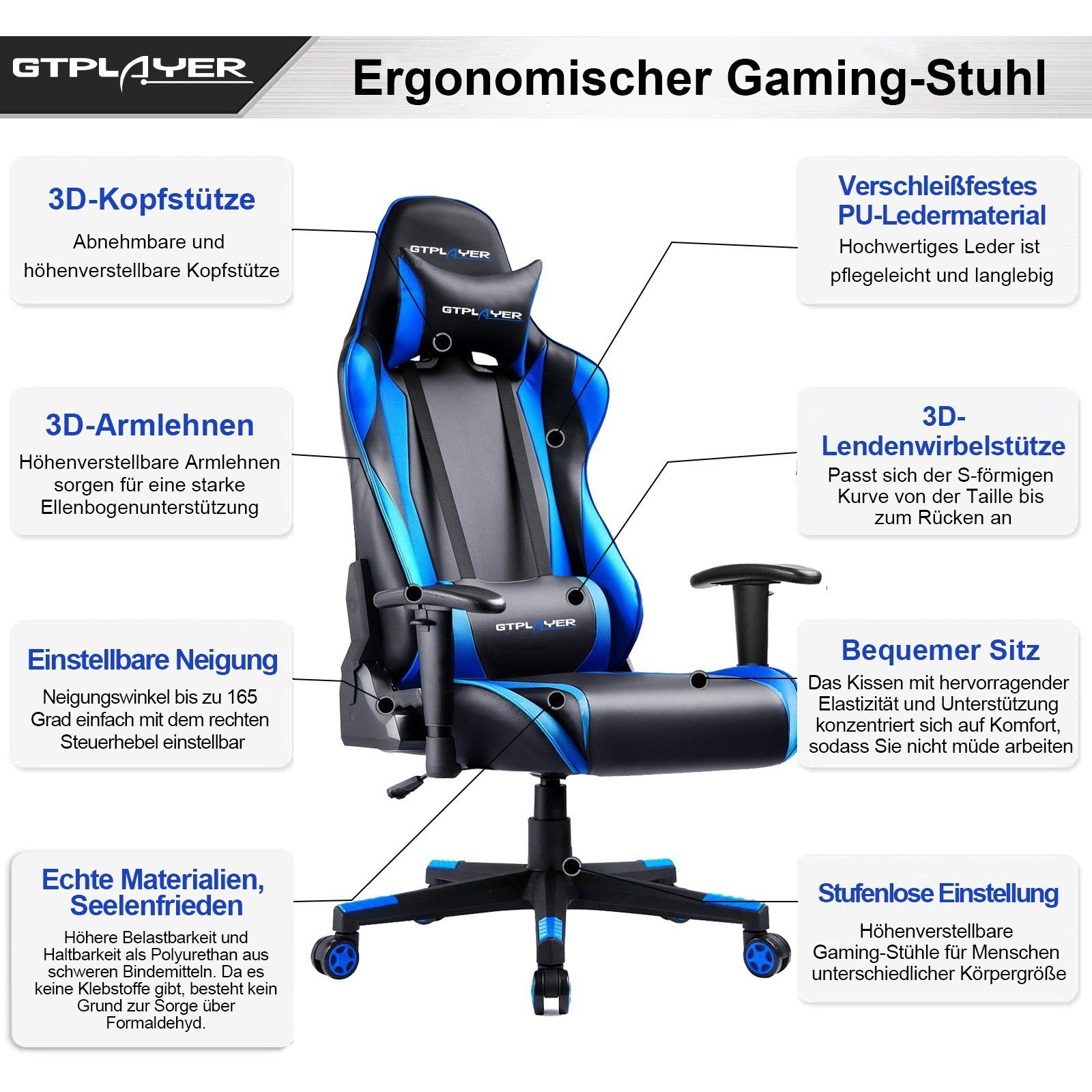GTPLAYER Gaming-Stuhl Bürostuhl Gaming Stuhl Gaming Sessel ergonomischer Gamer Stuhl, bis 150 kg belastbar, Neigungswinkel 90°-165°