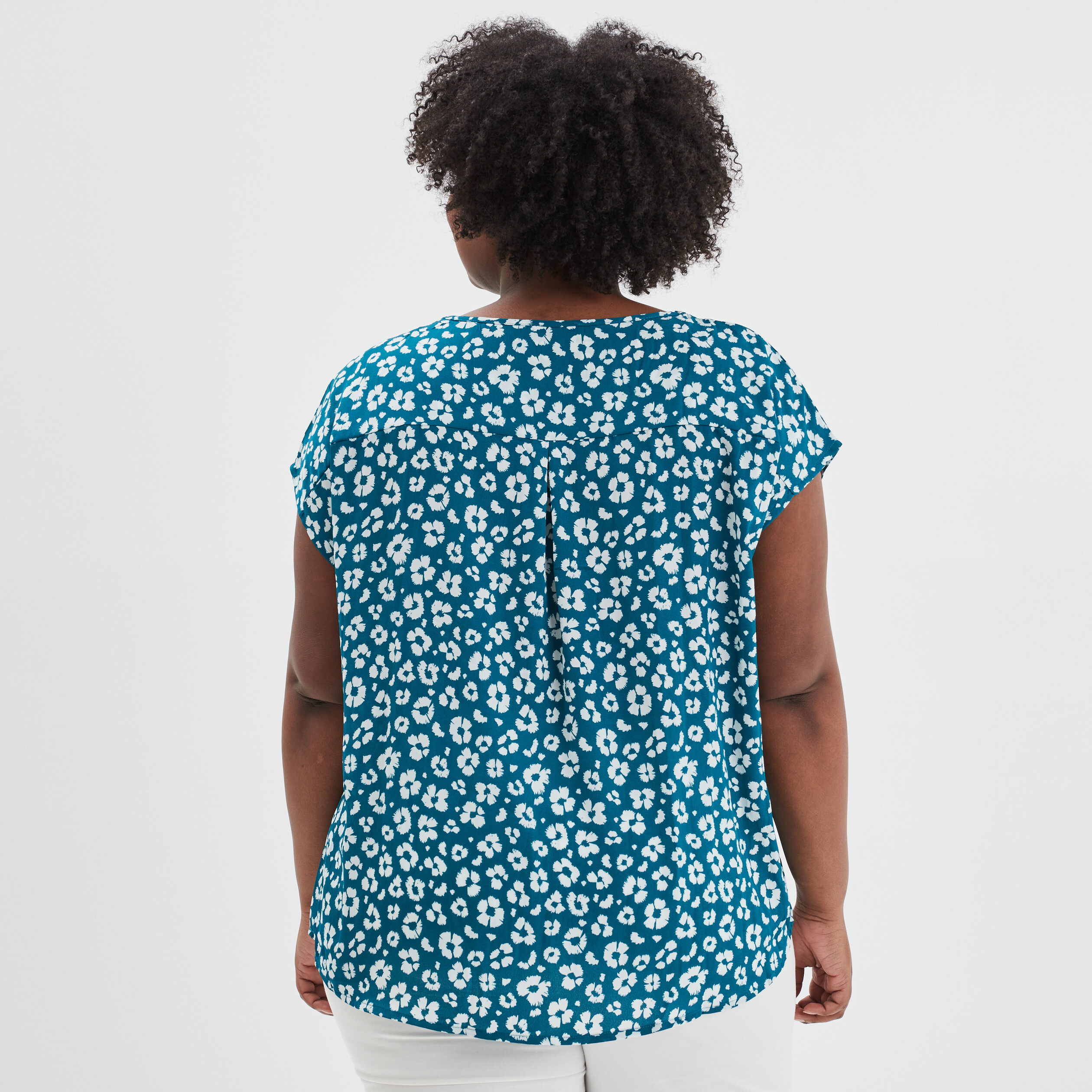 Blouse col en V manches courtes bleu canard femme grande taille | La Halle